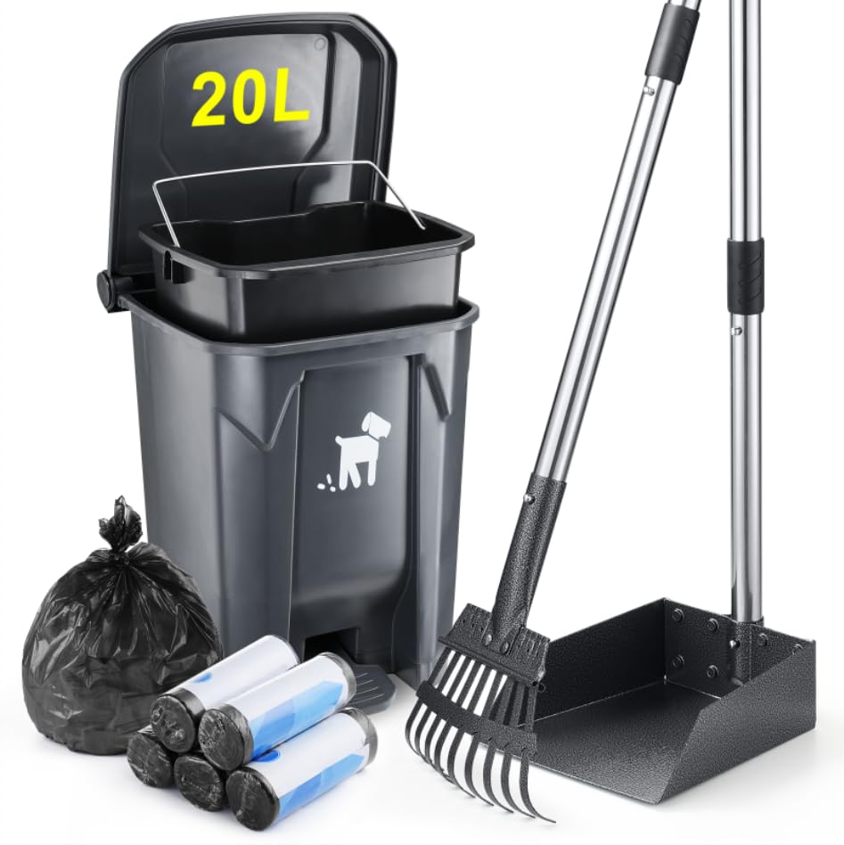 Biubiucat Dog Pooper Scooper, Dog Poop Trash Can Set With Removable Inner Bucket, Long Handle Rake, 150 Waste Bags, Easy Pick Up