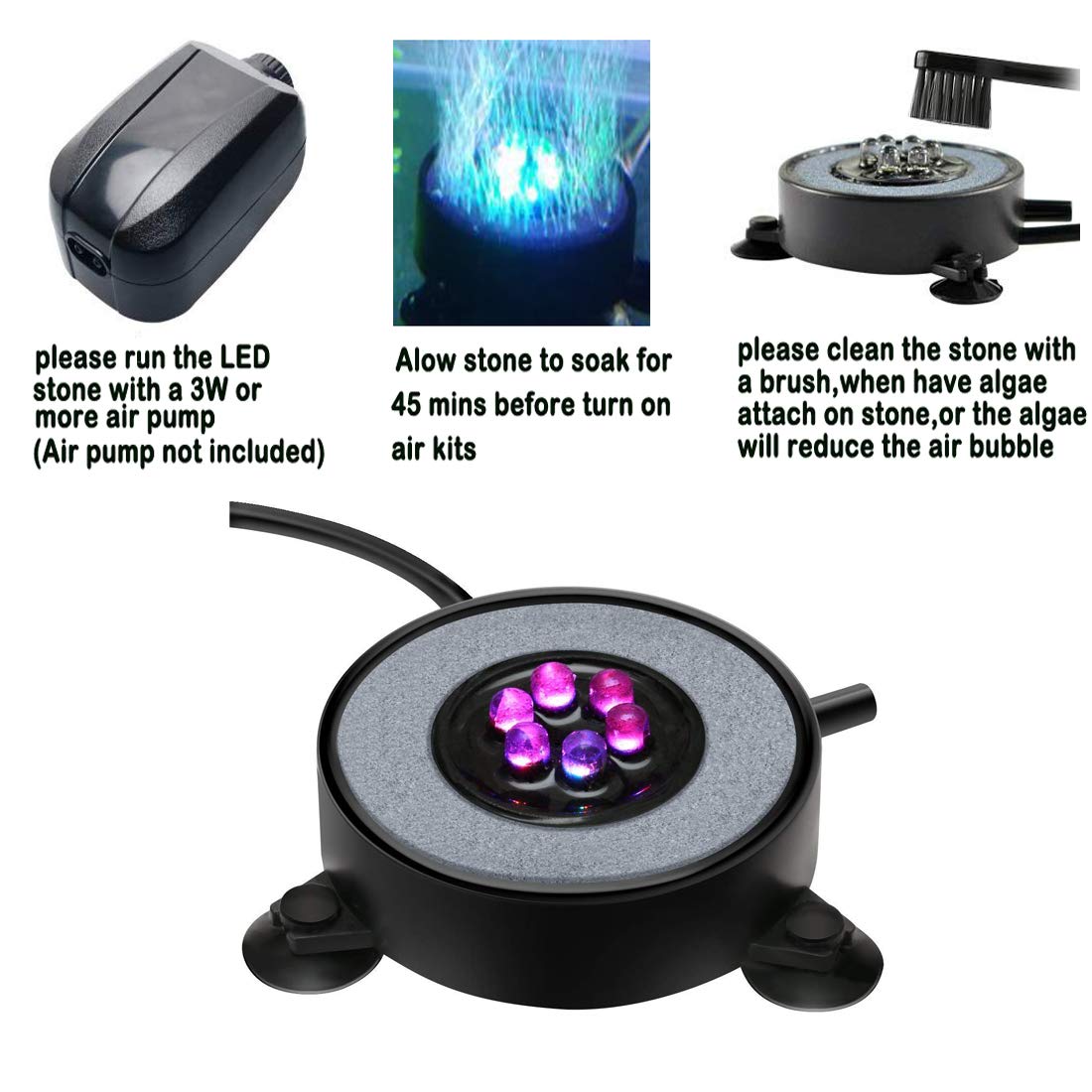 Led Aquarium Air Stones Fish Tank Bubbler Light Air Stone Diffuser Decor Lamp With Sucker Colorful Backgound Lighting (2.2Inch Light Disk(No Remote))