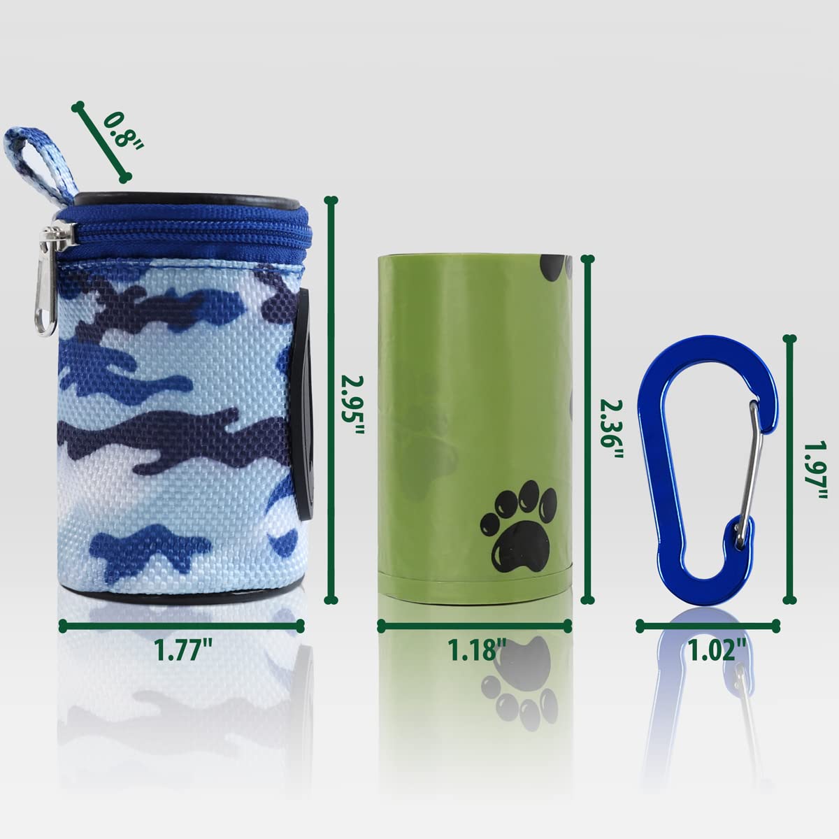 Furhab Dog Poop Bag Holder For Leash Doggie Waste Bag Dispenser Puppy Potty Carrier Small Doggy Zipper Pouch With Carabiner Clip 1680D Nylon Oxford With 1 Roll Of Pet Trash Bags, Sky Blue Camo