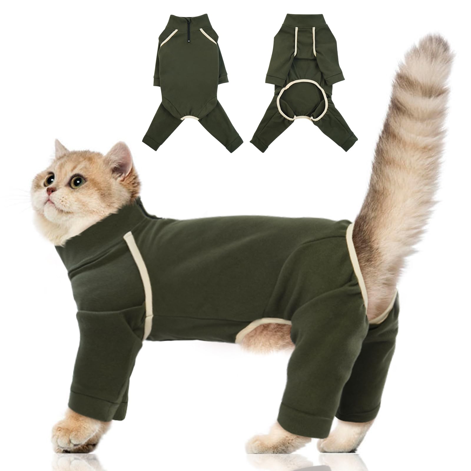 Hairless Cat Clothes - Army Green, M - Sticky Hair Onesie, Prevents Lost Hair, Soft Pajamas For Sphynx Cats, Shirt With Four Leg