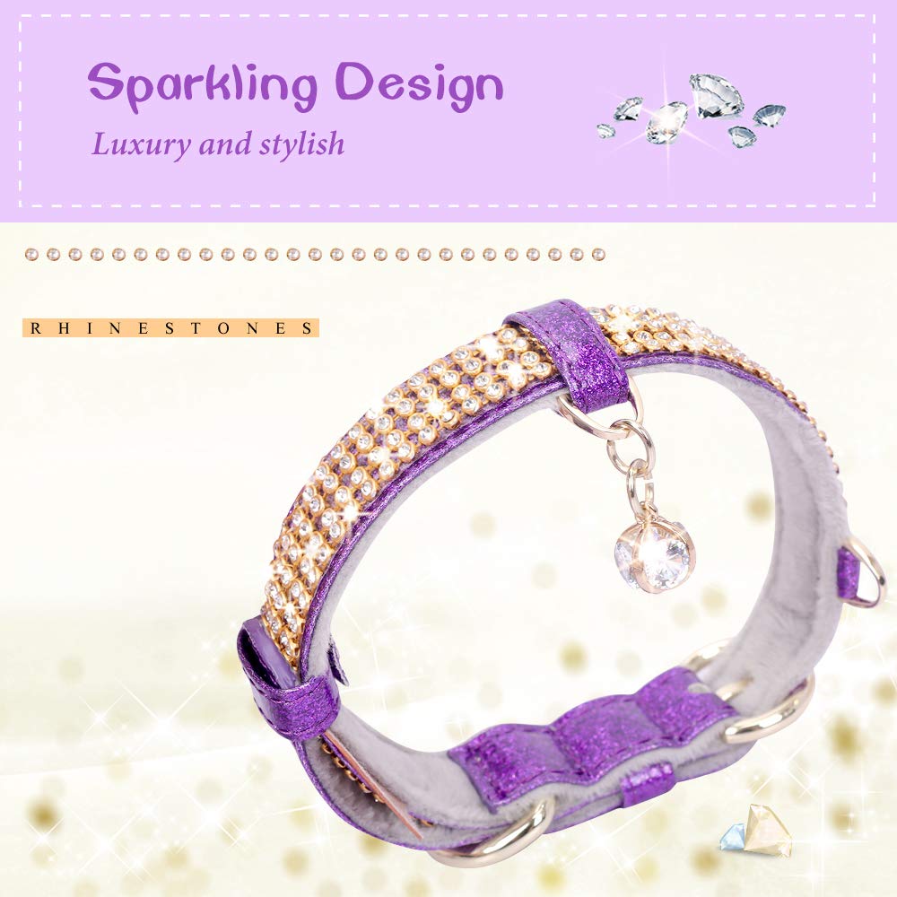 Petshome Cat Collar, Dog Collar, [Bling Rhinestones] Premium Pu Leather With Pendant Adjustable Collars For Big Cat And Small To Medium Dog Small Purple