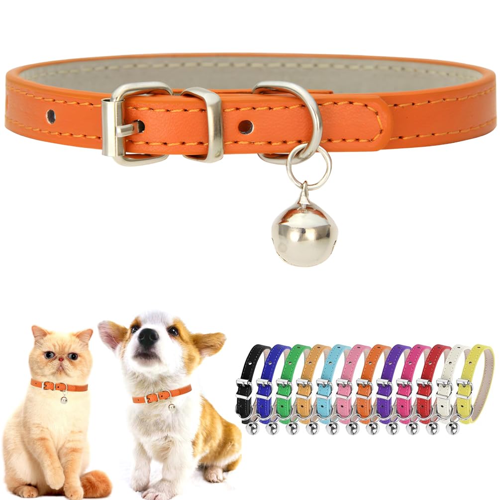 Orange Cat Collar With Bell Pu Leather Xxs Dog Collar With Bells Adjustable Buckle Puppy Collars For Xxsmall Xs Tiny Little Extr