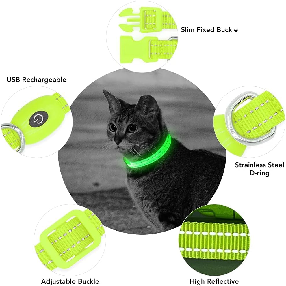 Light Up Dog Collar For Small Dog,Vizpet Xs Adjustable Size Nylon Collar Usb Rechargeable Bright Safety Pet Collar For Cats Dogs (Green)