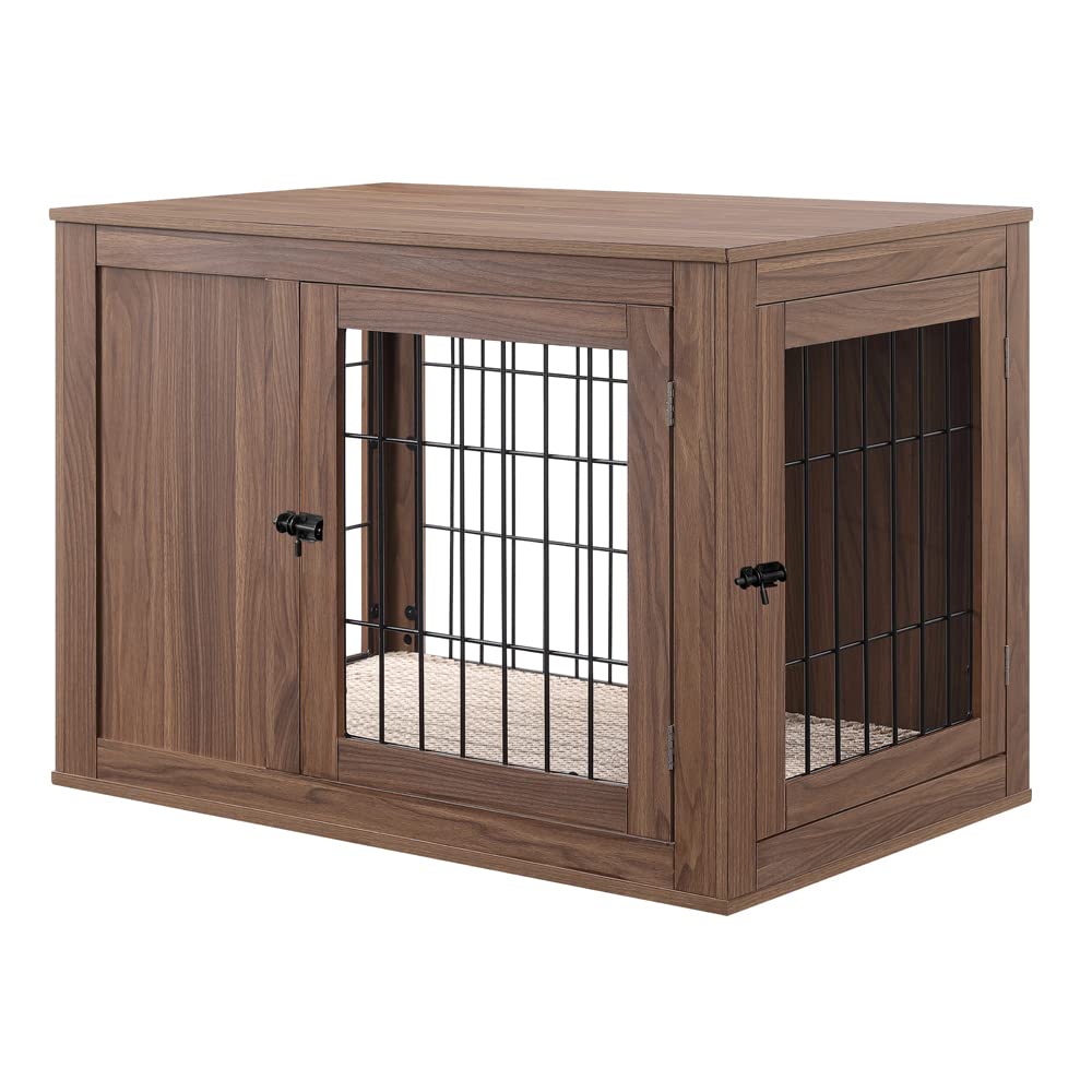 unipaws Furniture Style Dog Crate End Table with Cushion, Wooden Wire Pet Kennels with Double Doors, Medium Dog House Indoor Use