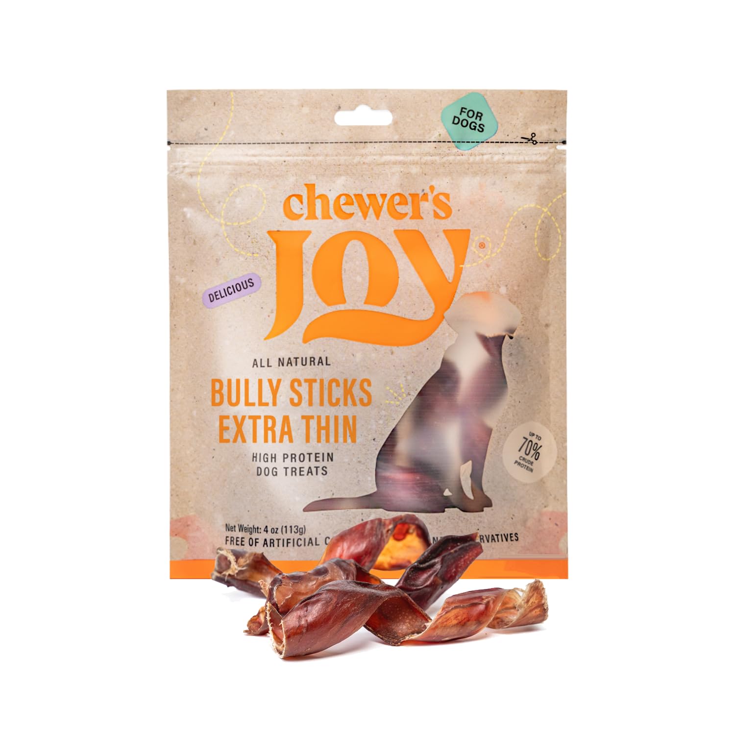 Chewers Joy Bully Spring Extra Thin (4oz) - Natural Dog Treats - Long-Lasting Chews, High Protein, Made with Real Beef