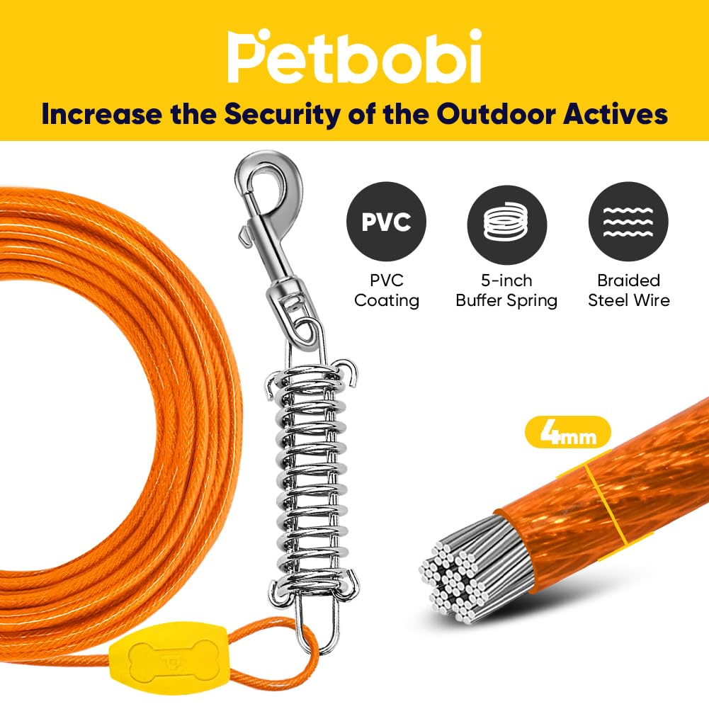 Petbobi Dog Tie-Out Cable And Stake - 50Ft Heavy Duty Cable With Spring, No Tangle, 16In Ground Stake, Ideal For Yard, Camping A