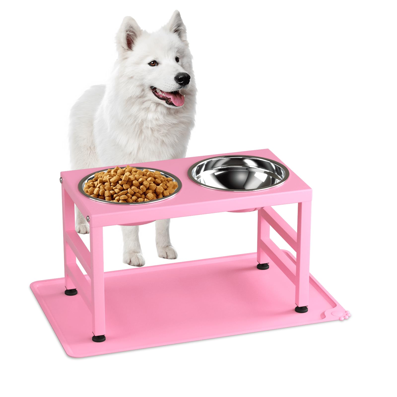 ADENGL Pink Metal Raised Dog Bowl Stand for Large Dogs, Stronger Elevated Dog Bowls with Sprill Proof Mat, Dog Food & Water Bowl