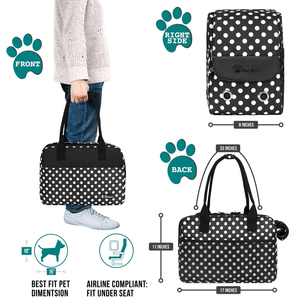 Petami Dog Purse Carrier For Small Dogs, Airline Approved Soft Sided Pet Carrier Pockets, Ventilated Dog Carrying Bag Puppy Cat, Dog Travel Supplies Accessories Carry Tote, Sherpa Bed, Polka Dot Black