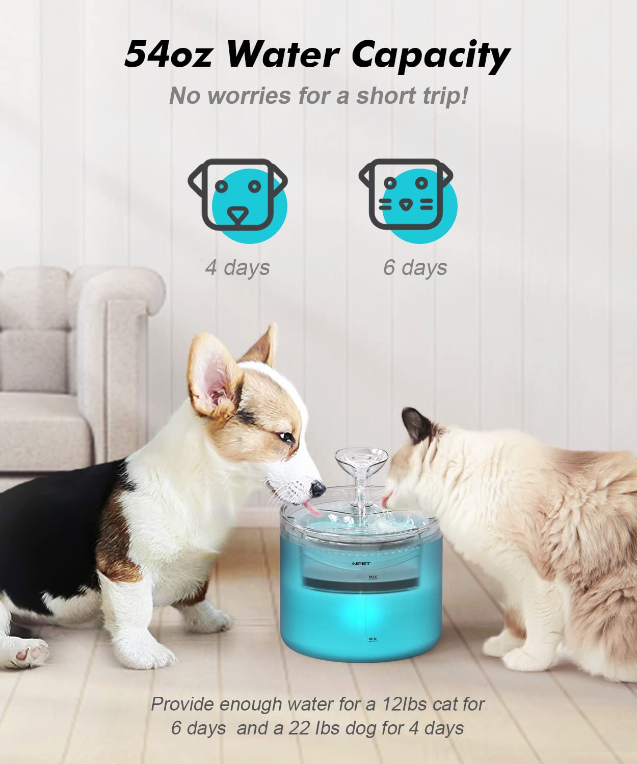 Npet Wf100 Cat Foutain, 54Oz/1.6L Automatic Pet Water Fountain Dog Water Dispenser With 2 Flow Modes, Bottom Suction Led Light Quiet Pump For For Cats & Small Dogs