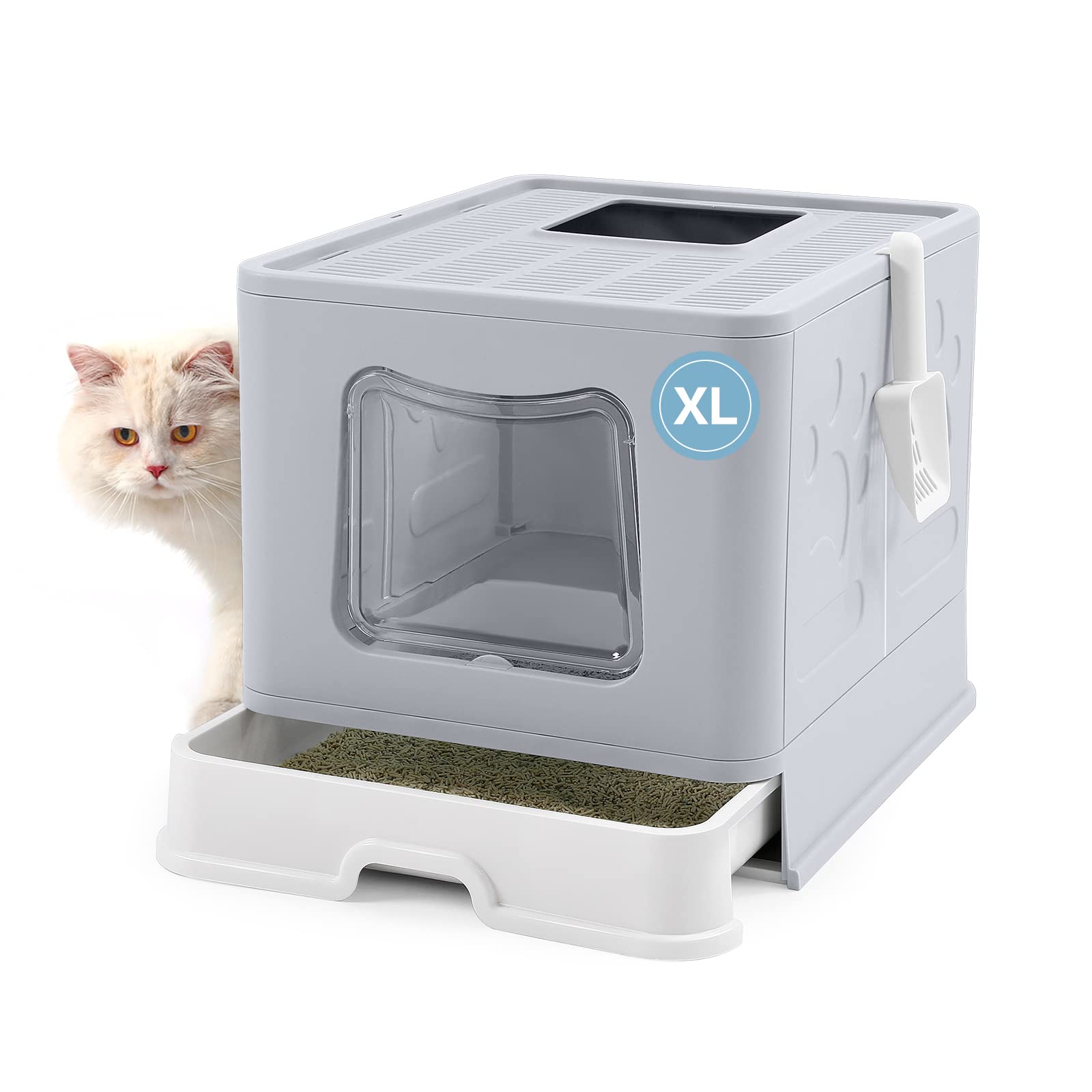 Bolux Foldable Cat Litter Box With Lid, Extra Large Litter Box With Cat Litter Scoop, Drawer Type Cat Litter Pan Easy To Scoop & Low Tracking (Grey Xl)