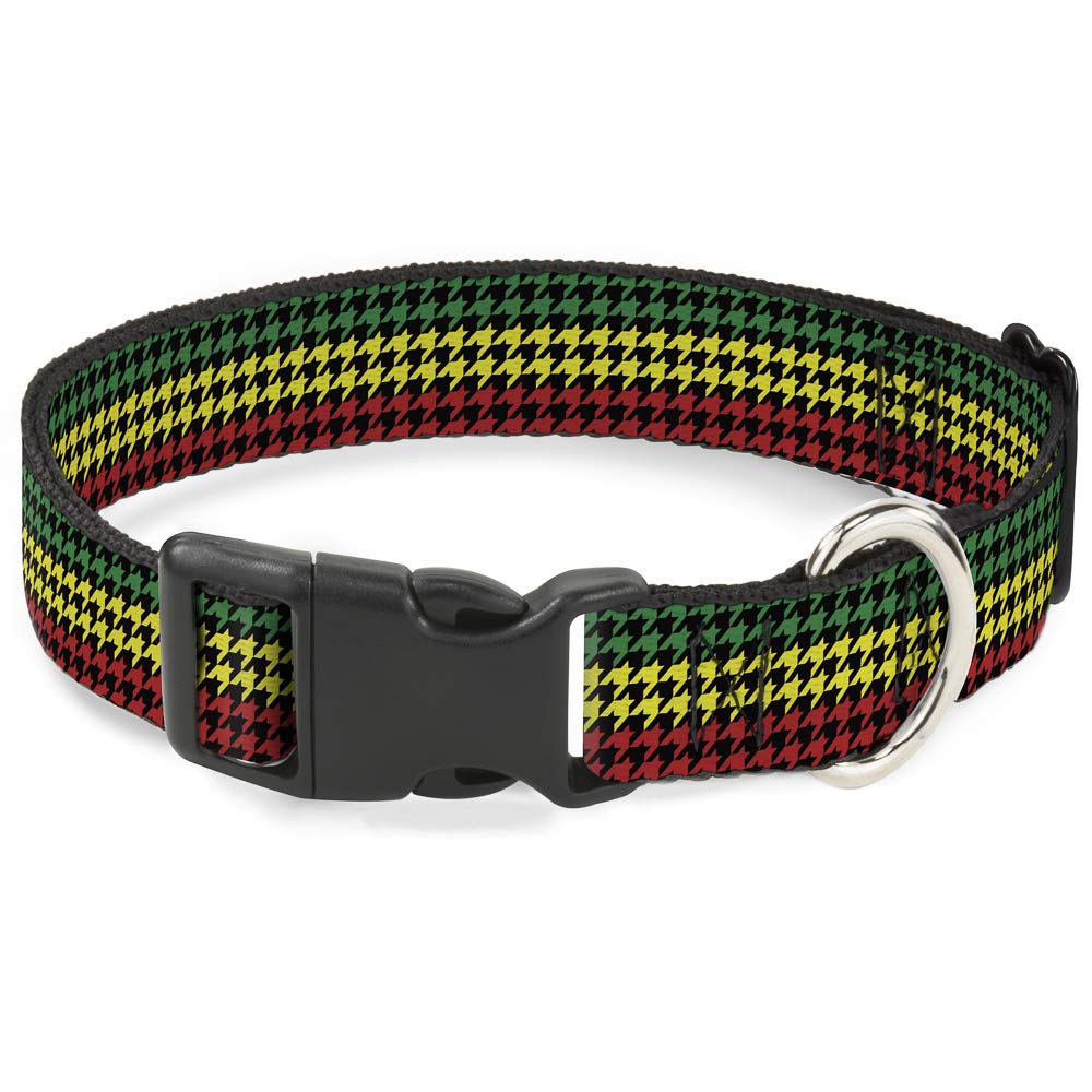 Buckle-Down Plastic Clip Collar - Houndstooth Black/Rasta - 1/2' Wide - Fits 9-15' Neck - Large