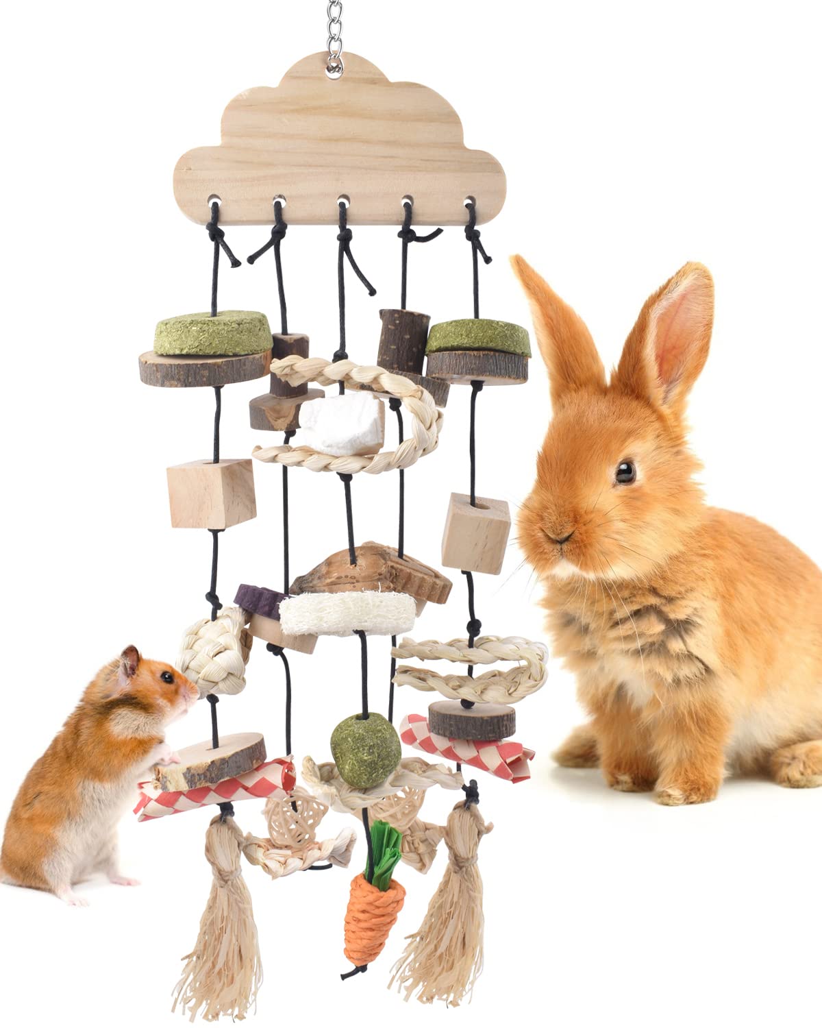 Bissap Rabbit Chew Toy, Bunny Cage Hanging Chew Toys and Treats Wooden with Snacks for Guinea Pigs Chinchillas Hamsters Rats and