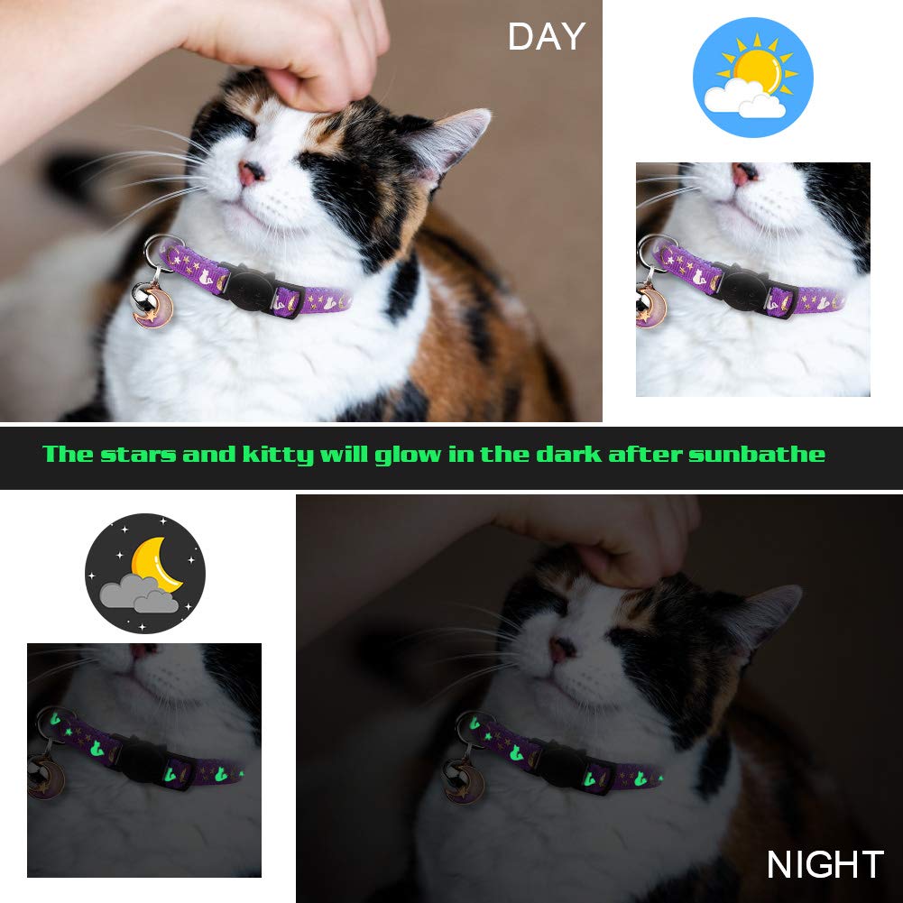 2Pcs Breakaway Cat Collars With Bell Cute Kitty Glow In The Dark Adjustable Kitten Collars(Grey&Black)