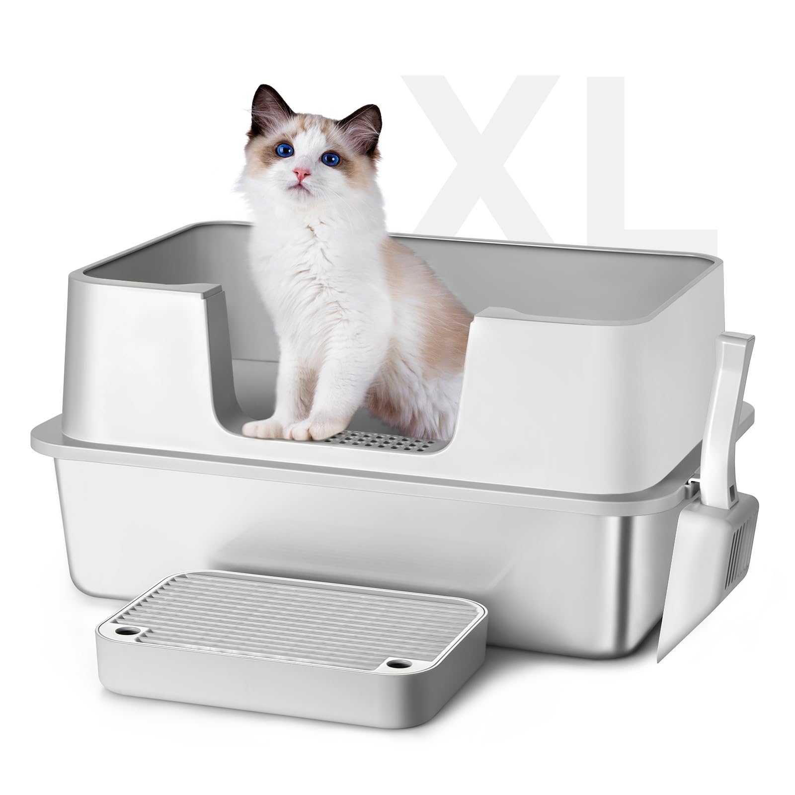 Stainless Steel Litter Box With Step Extra Large Cat Litter Box For Big Cats High Sides Enclosure Xl Non-Sticky Easy Cleaning An