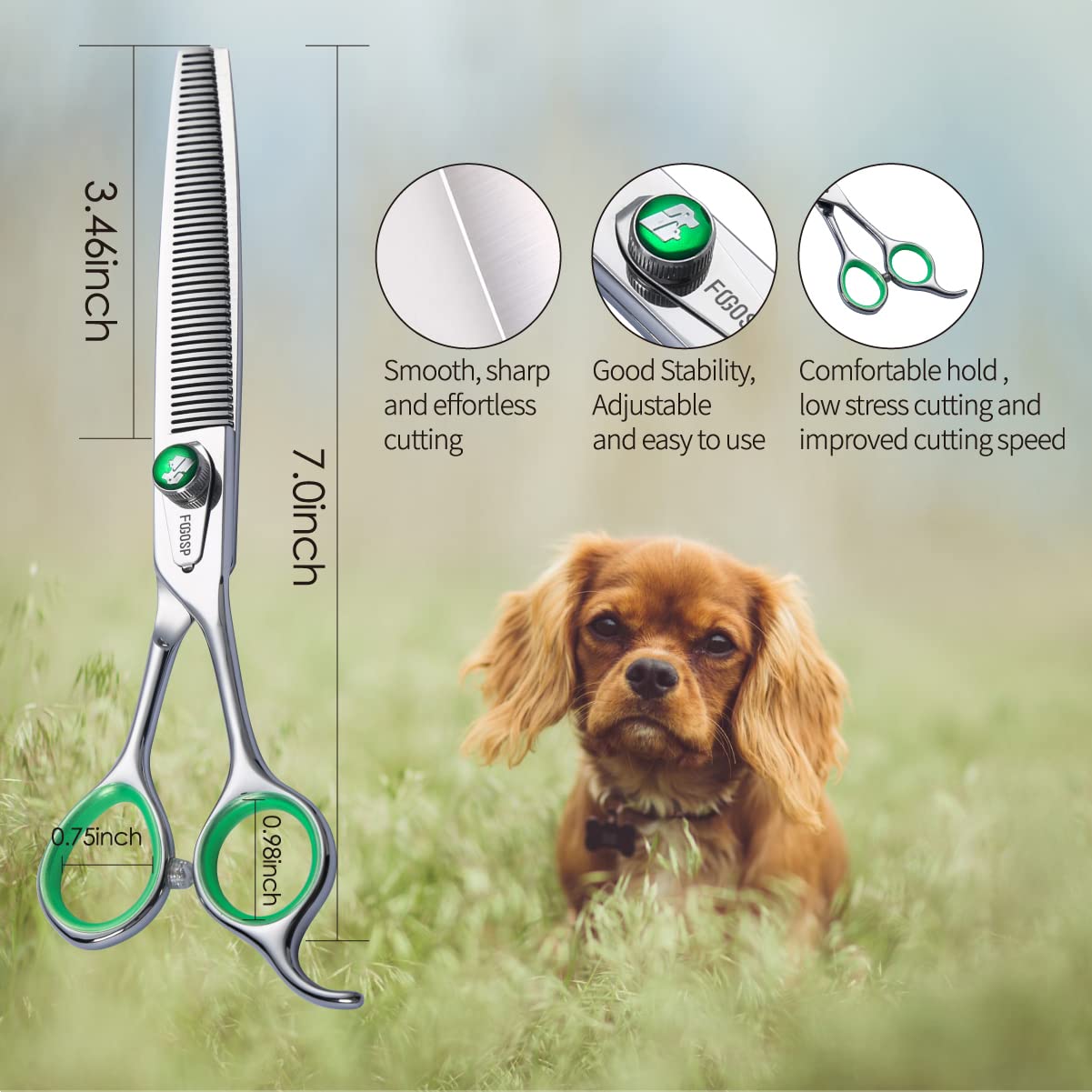 Fogosp 46 Teeth Dog Thinning Shears For Grooming 7.0 Inch Professional Blending Thinning Scissors For Dogs Cat Pet Japanese 440C Stainless Right Handed