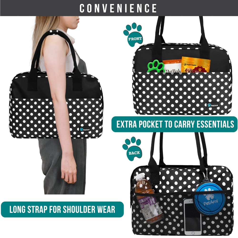Petami Dog Purse Carrier For Small Dogs, Airline Approved Soft Sided Pet Carrier Pockets, Ventilated Dog Carrying Bag Puppy Cat, Dog Travel Supplies Accessories Carry Tote, Sherpa Bed, Polka Dot Black