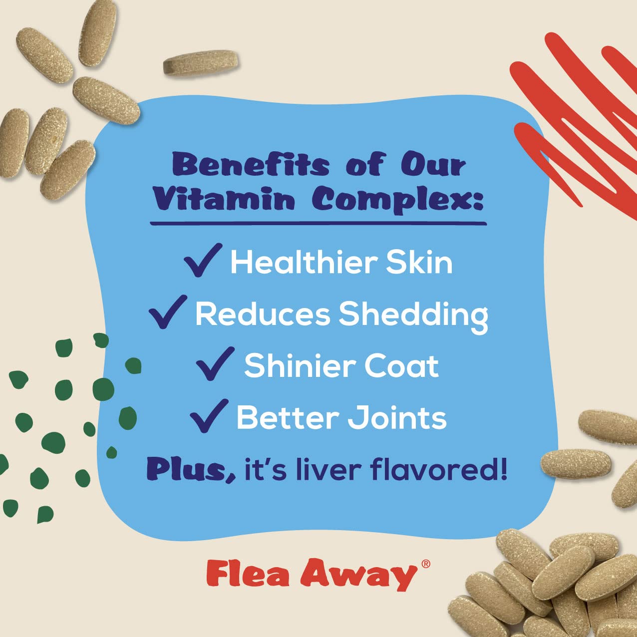 Flea Away All Natural Supplement for Fleas, Ticks, and Mosquitos Prevention for Dogs and Cats, 100 Chewable Treat Tablets, Singl