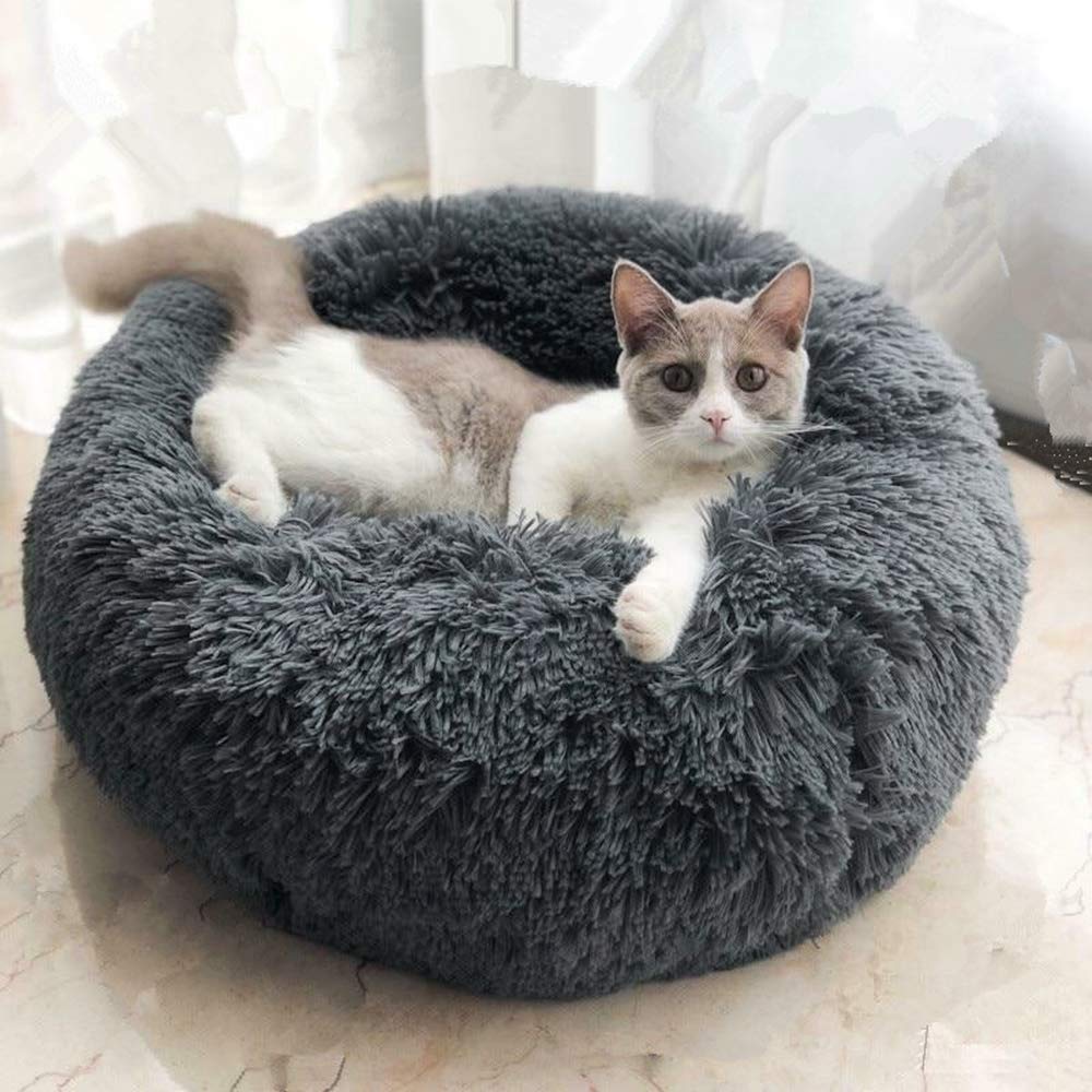 Otoez Round Donut Dog Bed For Small Dogs, Washable Cat Calming Bed Cuddler Anti Anxiety Fluffy Plush Dog Cat Bed With Non-Slip Waterproof Bottom (23.6', Dark Grey)