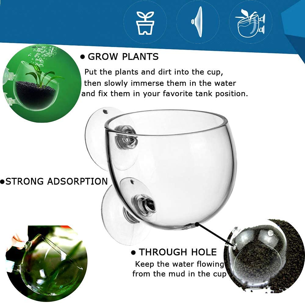 Tfwadmx Aquarium Plant Holder Plant Pot Aquarium Decor Crystal Glass Aquatic Plant Cup With Suction Cups For Fish Tank Aquascape Decoration (4 Pack)