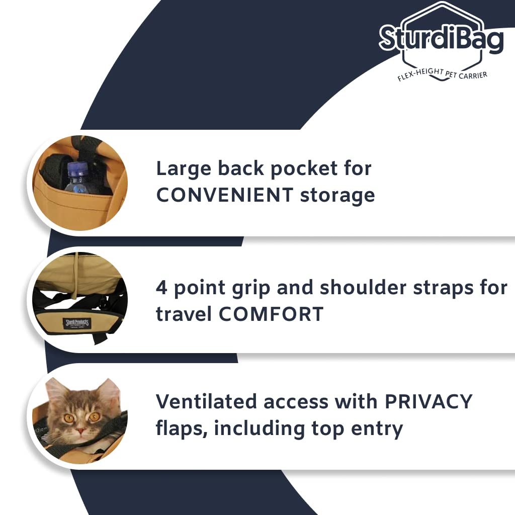 SturdiBag XL Pet Travel Carrier: Flexible Height for Cat and Dog Soft Sided with Safety Clips and Seatbelt Straps | Earthy TAN,