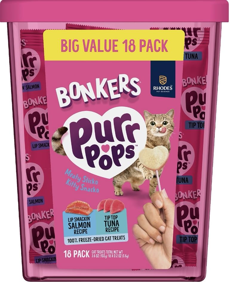 Bonkers Purrpops Freeze-Dried Cat Treats, 2-18 Pack Variety Bundle with Salmon & Tuna, Catnip & Chicken Flavors, Plus 4 Cat Spri