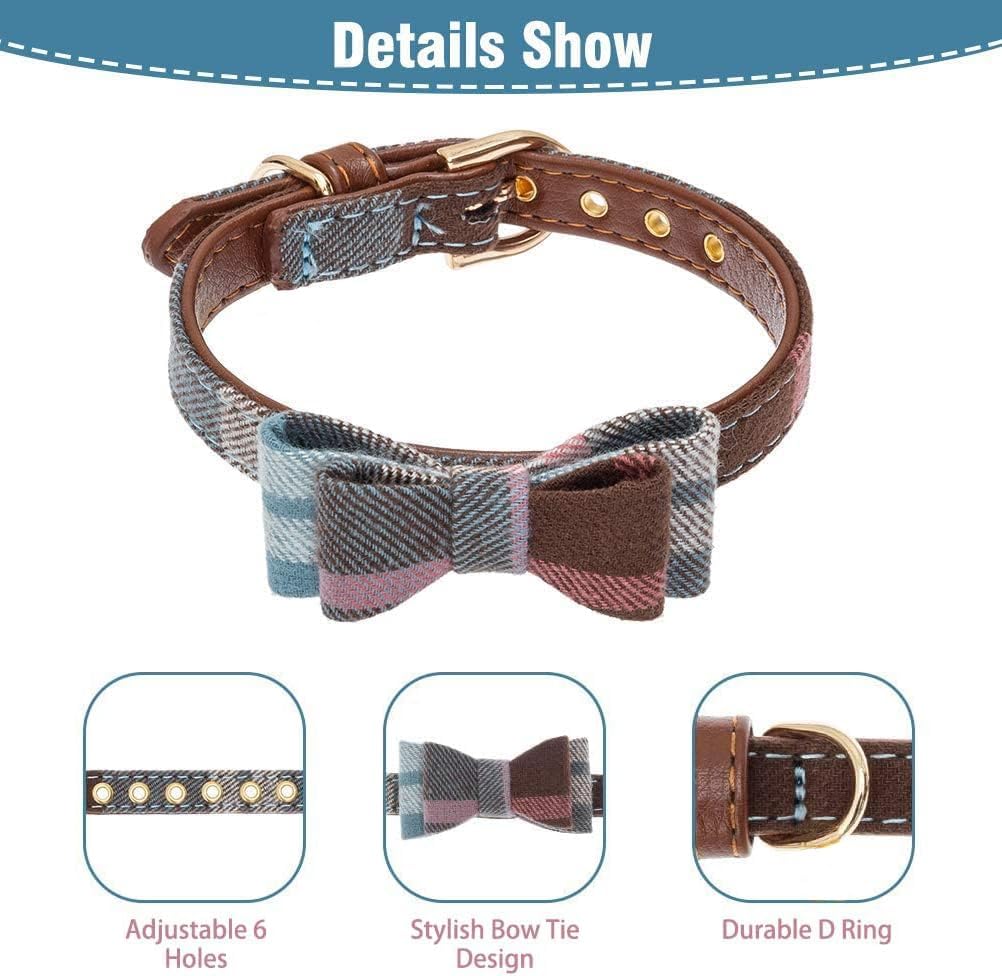 Expawlorer Dog Leash And Collar Set - Cute Plaid Dog Bow Tie And Dog Bandana Collar, Dog Leash Tangle Free, Adjustable Collars F