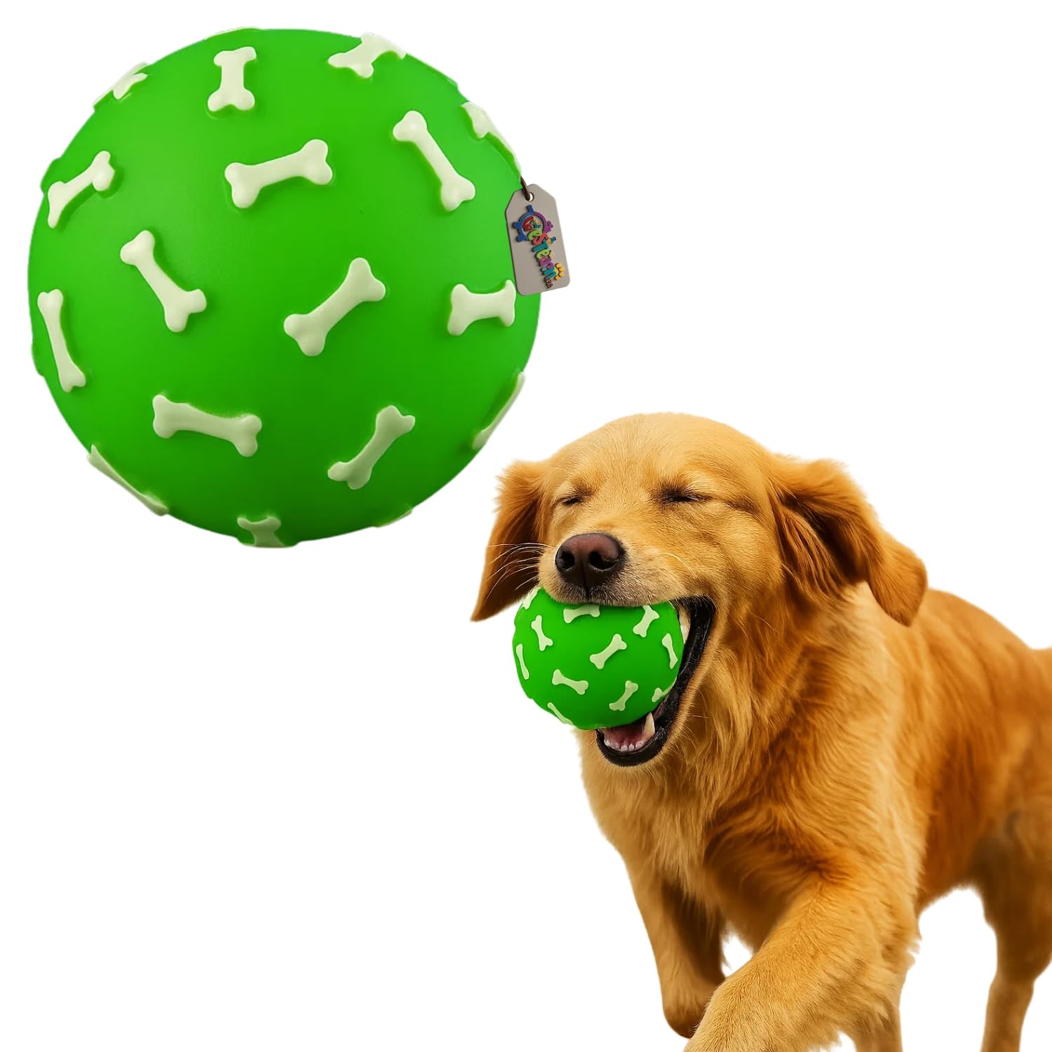 Western Era Squeaky Ball Dog Toy | Bone Print Rubber Ball for Puppies & Dogs | Durable ChewSafe Toy with Builtin Squeaker | Li