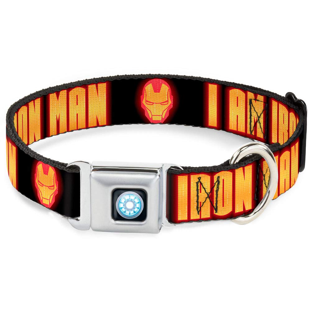 Buckle-Down Seatbelt Buckle Dog Collar - Iron Man Face/I Am Iron Man Black/Yellow Glow - 1'' Wide - Fits 11-17'' Neck - Medium