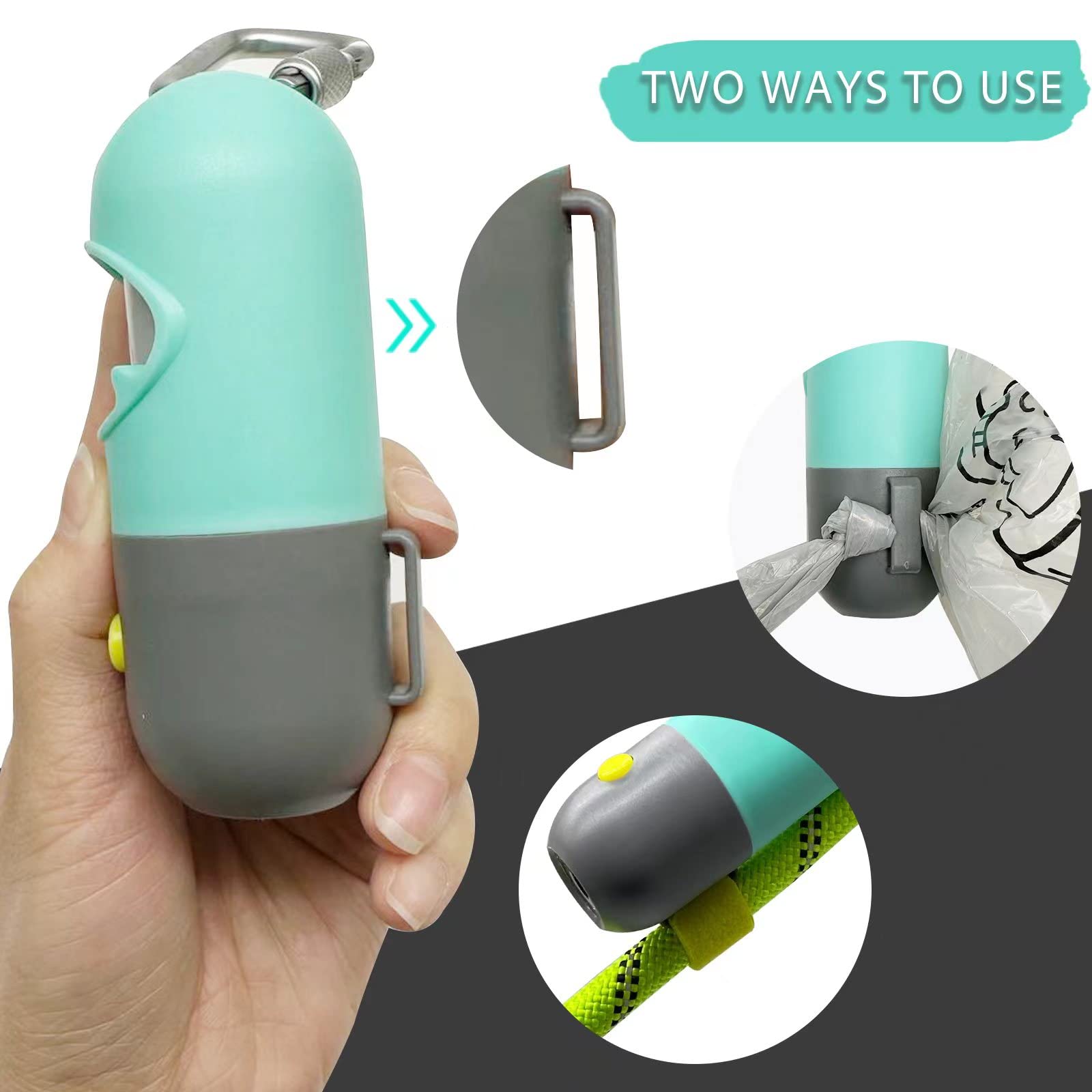 YUCHIYA Dog Poop Bag Dispenser with Flashlight, Leash Clip, Straps, 1 Roll, Acrylic, Crystal Blue
