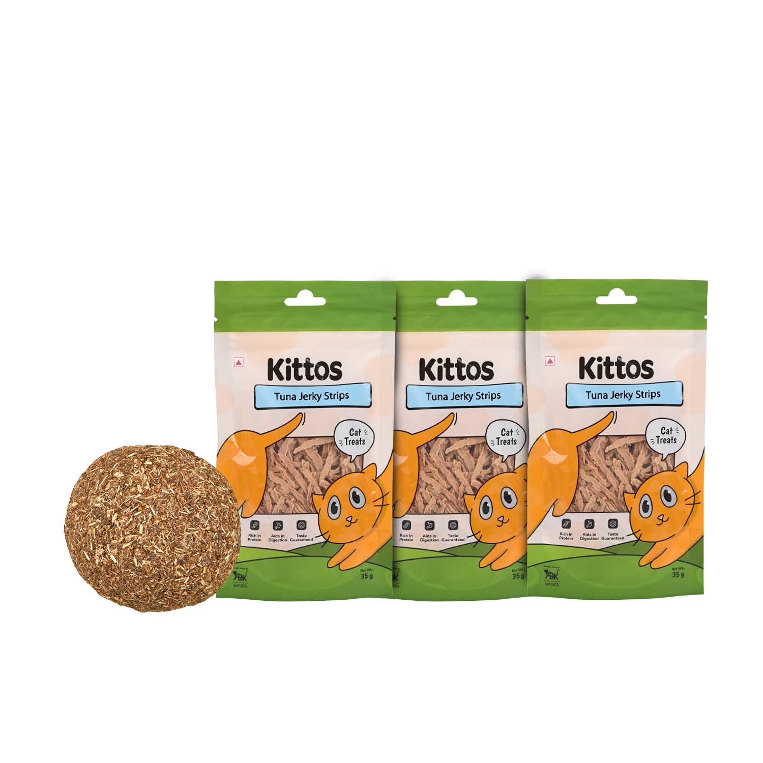 Combo Of Trixie Catnip Ball Toy For Cats  4 Cm And 3 Pack Of Kittos Tuna Jerky Strips Treats, 35 G