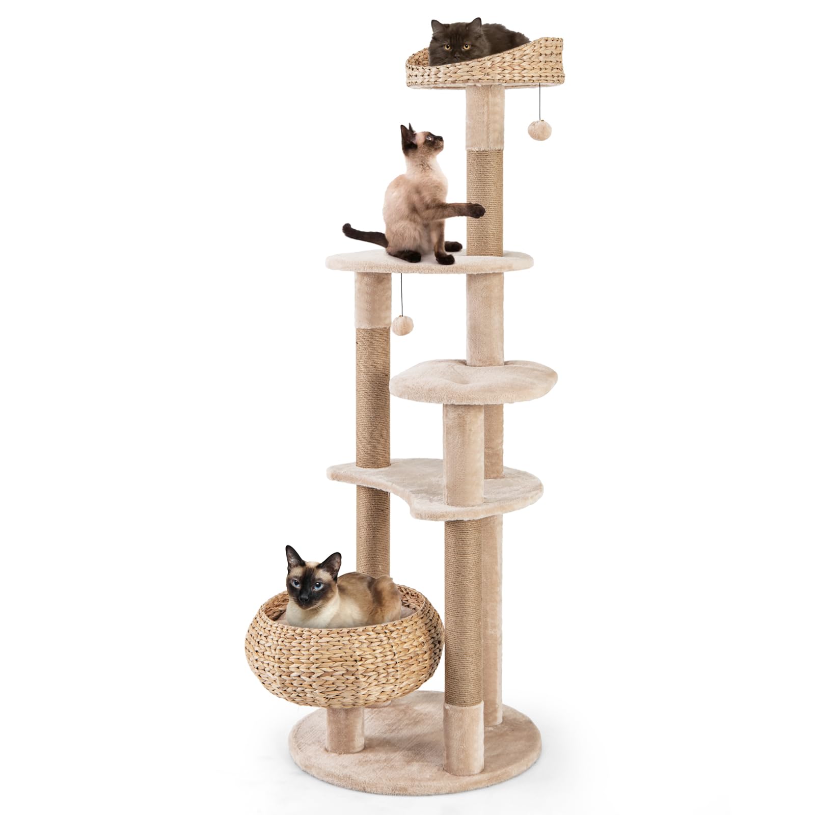 Tangkula Modern Cat Tree, 65 Inch Tall Cat Tower With Jute Scratching Posts, Dangling Balls, Cattail Basket Bed & Top Perch, Rem