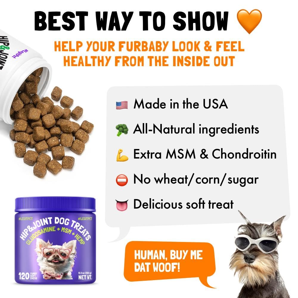LEGITPET Hemp Hip & Joint Supplement for Dogs - 120 Soft Chews - Glucosamine, Chondroitin, MSM, Turmeric - Natural Pain Relief