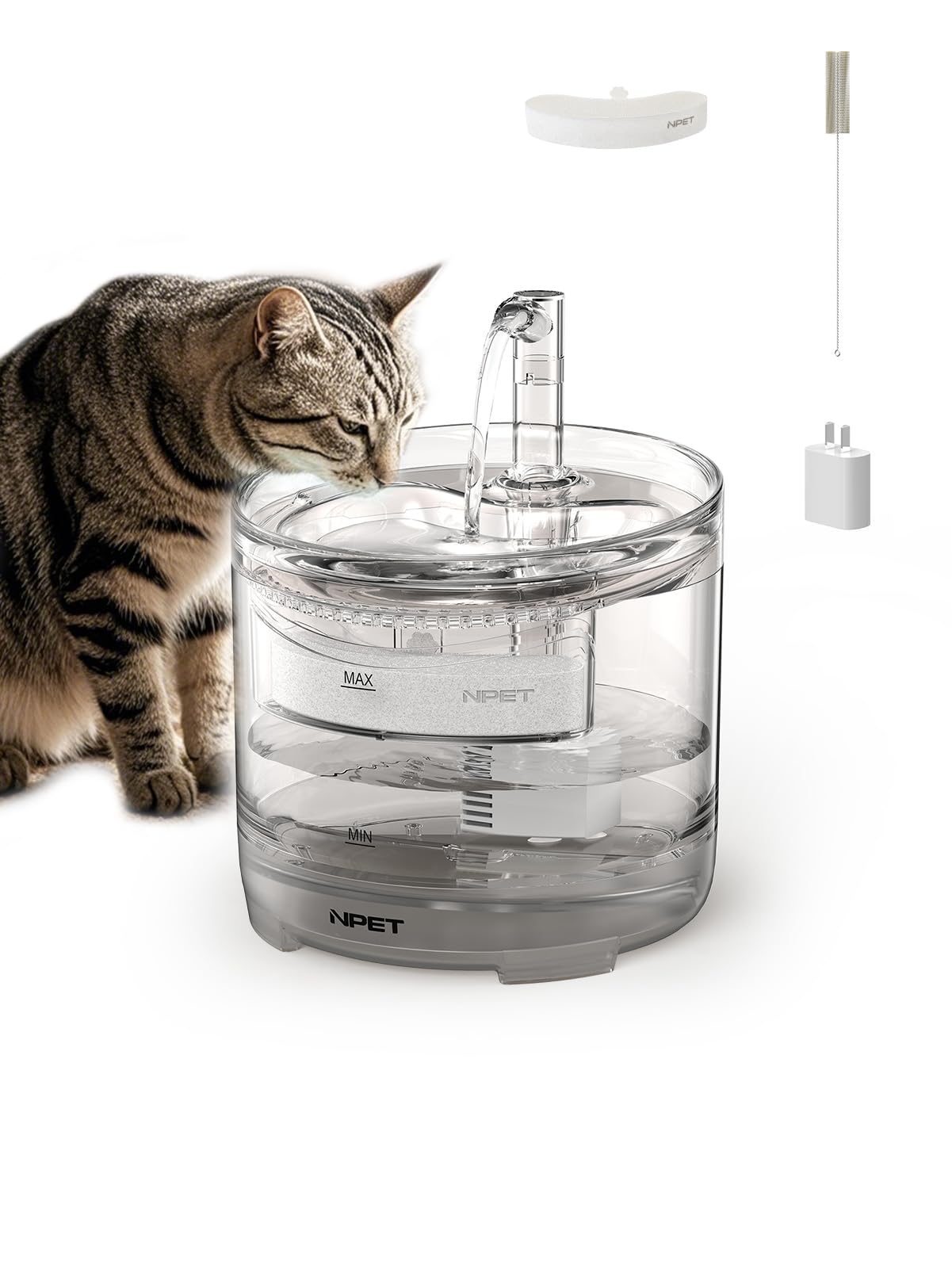 NPET WF050 Cat Water Fountain & Dog Dispenser, 1.5L Ultra Quiet Automatic Pet Drinking Fountain with Faucet Kit - Wf050 (with Adapter)