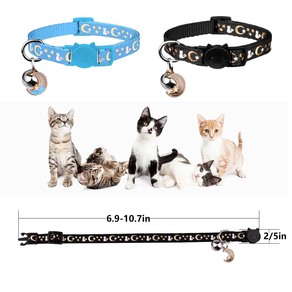 2Pcs Breakaway Cat Collars With Bell Cute Kitty Glow In The Dark Adjustable Kitten Collars With Pendant(Black&Sky Blue)