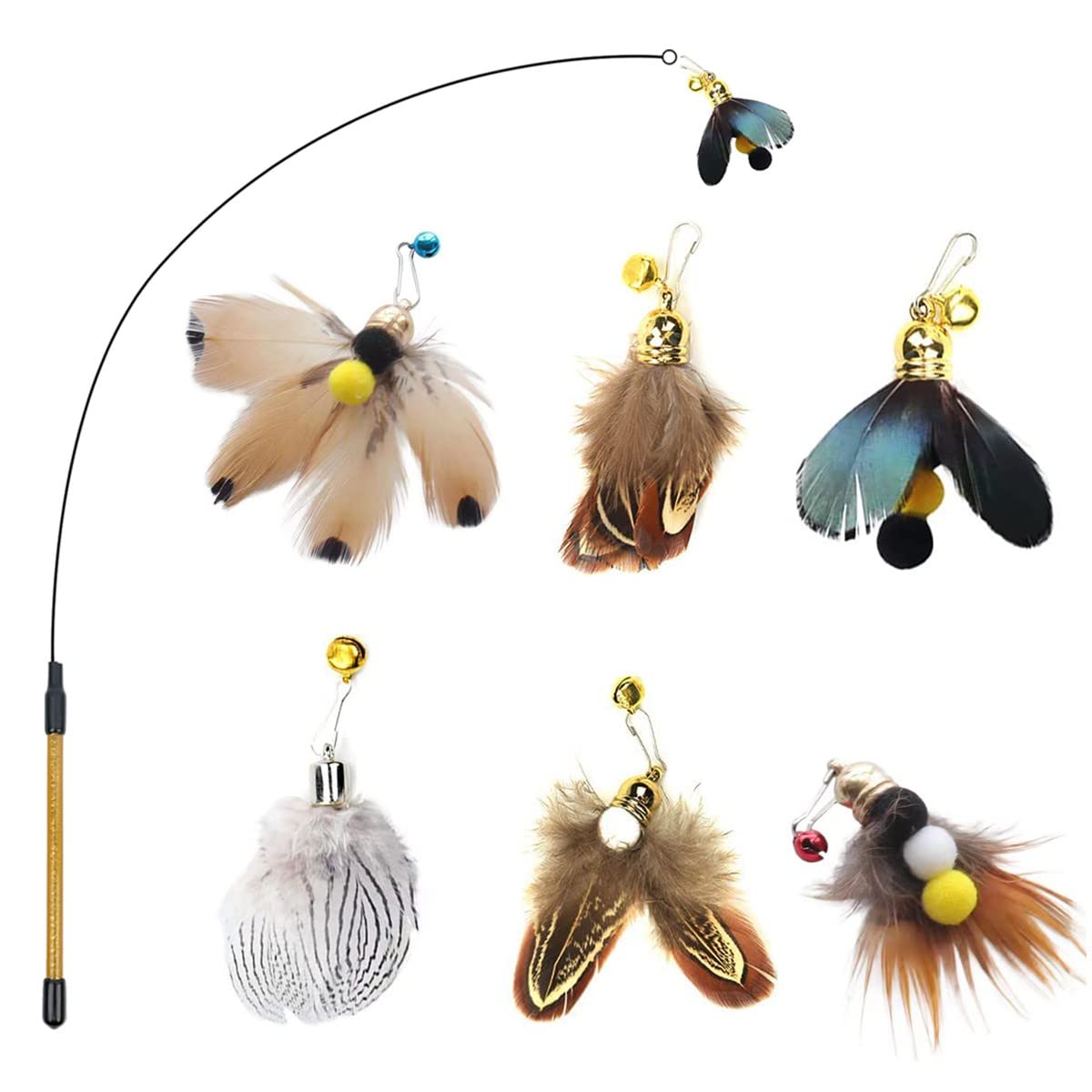 Hokoad Cat Insect Feather Toys - Cat Wand And 6 Natural Insect Feathers Refill, Interactive Teaser With Bell