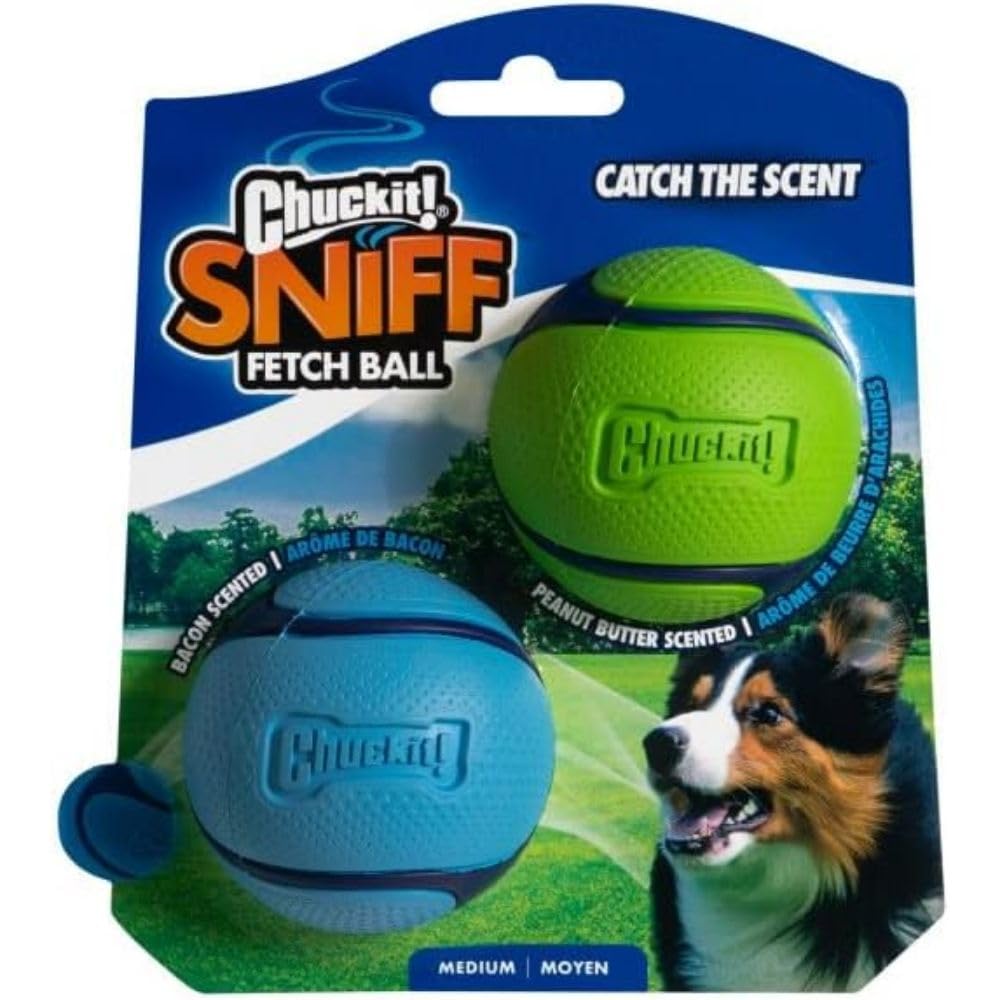 Chuckit! Sniff Ball Dog Toy, Durable High Bounce Bacon And Peanut Butter Scented Rubber Dog Ball Fetch Toy, Medium, 2 Pack