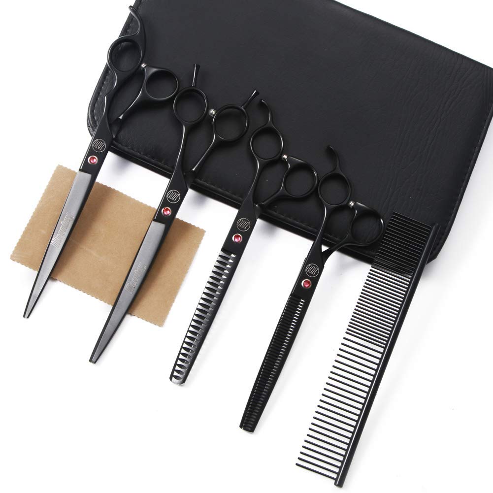 Moontay Professional Dog Grooming Scissors Set, 7 Inch/8 Inch Pet Grooming Scissors Chunkers Shears For Dog, Curved Dog Grooming Scissors, Thinning Shears For Dog With Grooming Comb