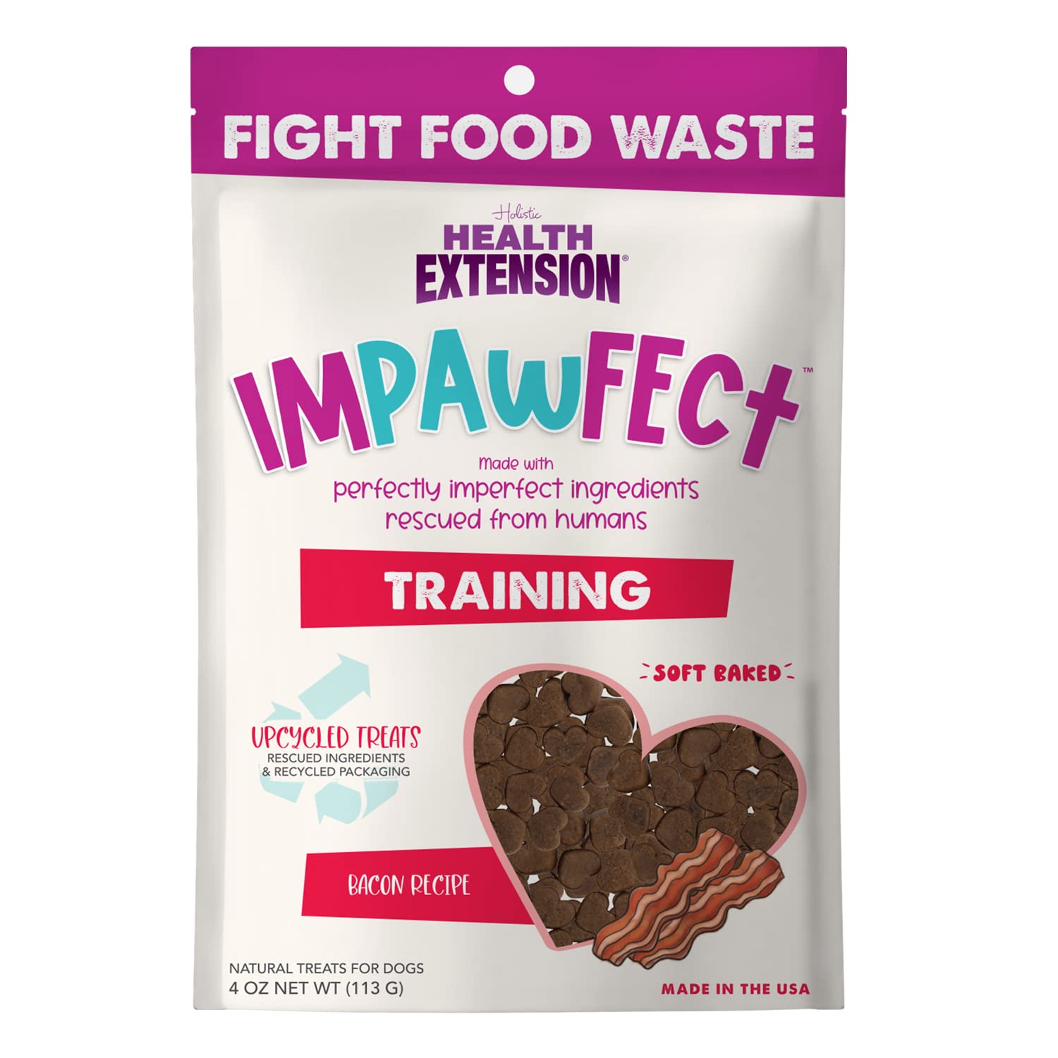 Health Extension Impawfect Dog Training Treats, 4oz (113g), Bacon - Made with Rescued Ingredients, Sustainable & Perfect for Tra