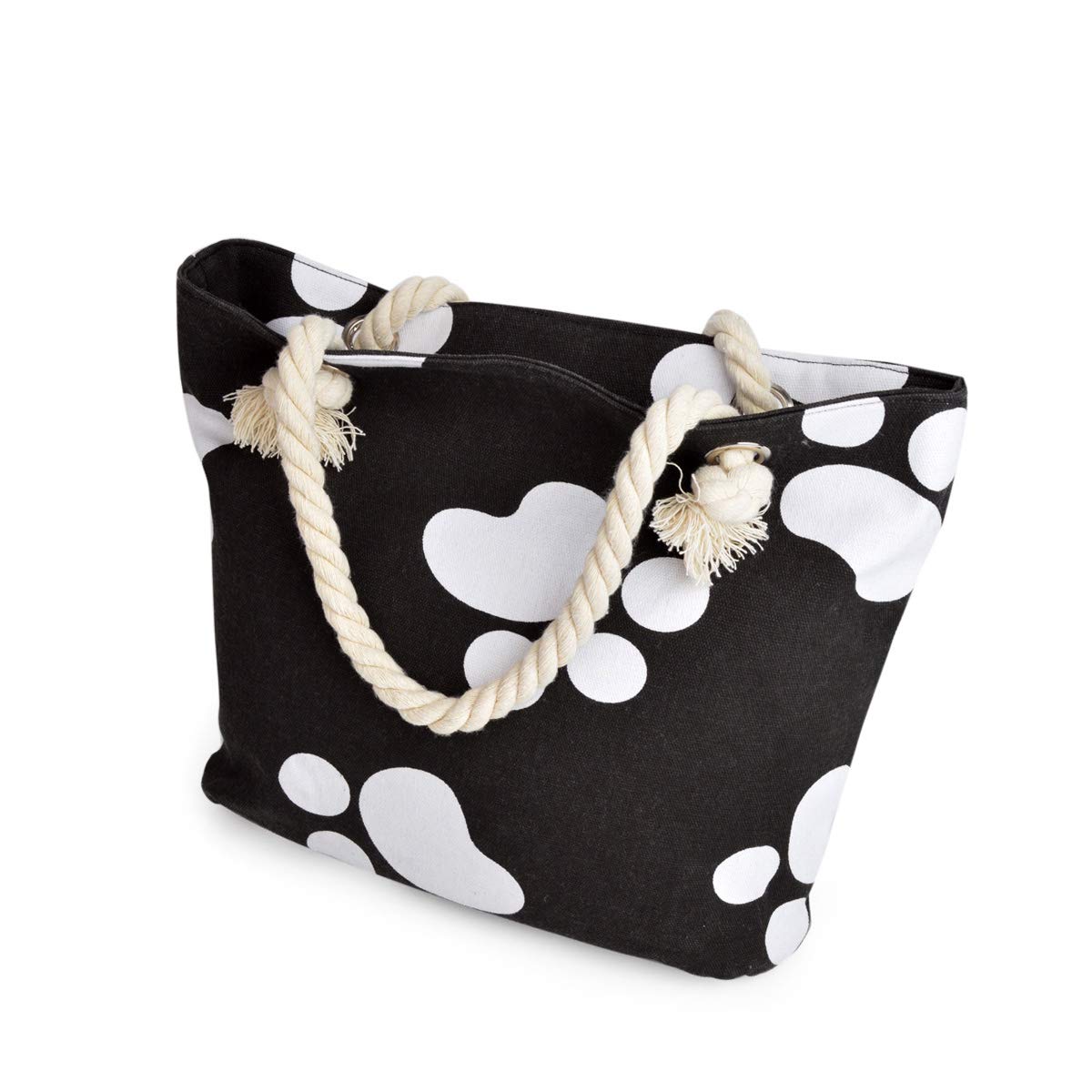 TrendsBlue Premium Black Cotton Canvas Tote Bag for Dogs & Cats - 17 x 13 x 5.5 - Stylish Animal Paws Print Shoulder Handbag