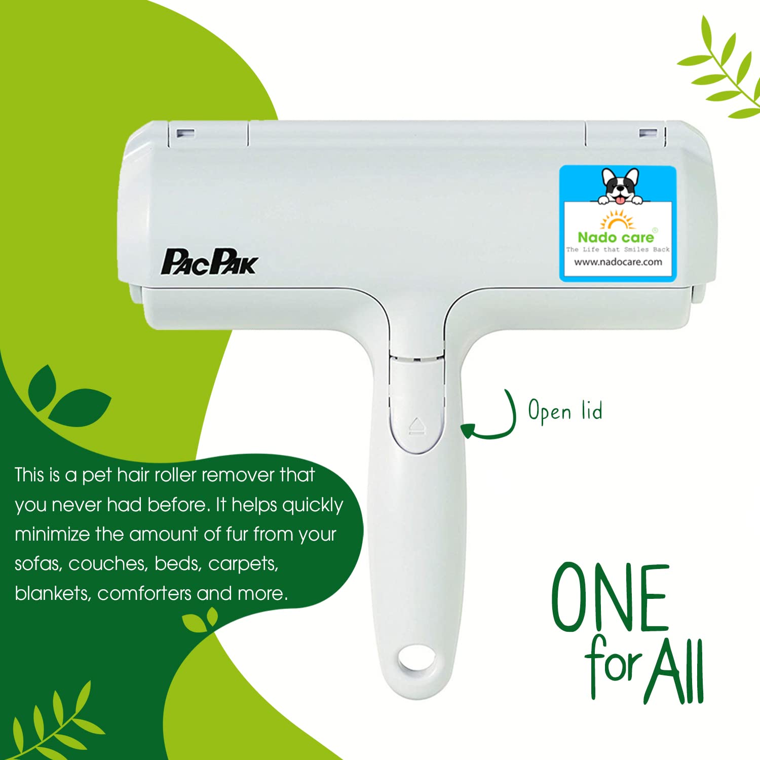 Nado Care Pet Hair Remover - Lint Roller - Self Cleaning Dog & Cat Fur Remover - Remove Dog, Cat Hair From Furniture, Carpets, Bedding, Clothing, Couch, Car Seat White