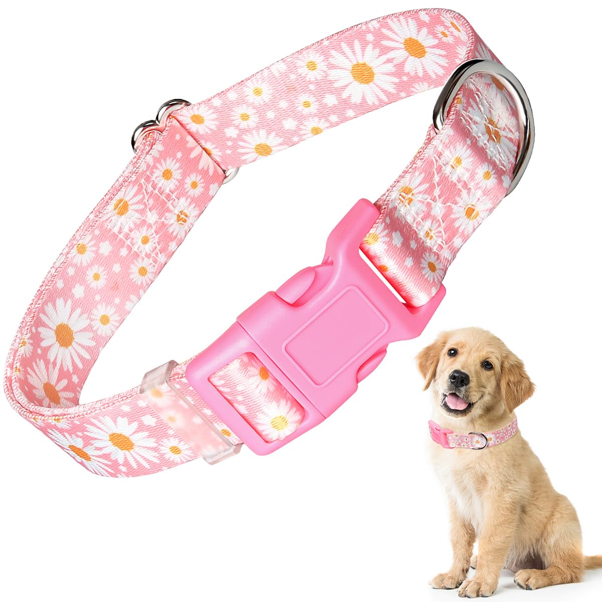 Girl Dog Collars for Medium Dogs, Pretty Daisy Pattern Design Quick Release Buckle Soft Nylon Pink Dog Collars Adjustable for Sm