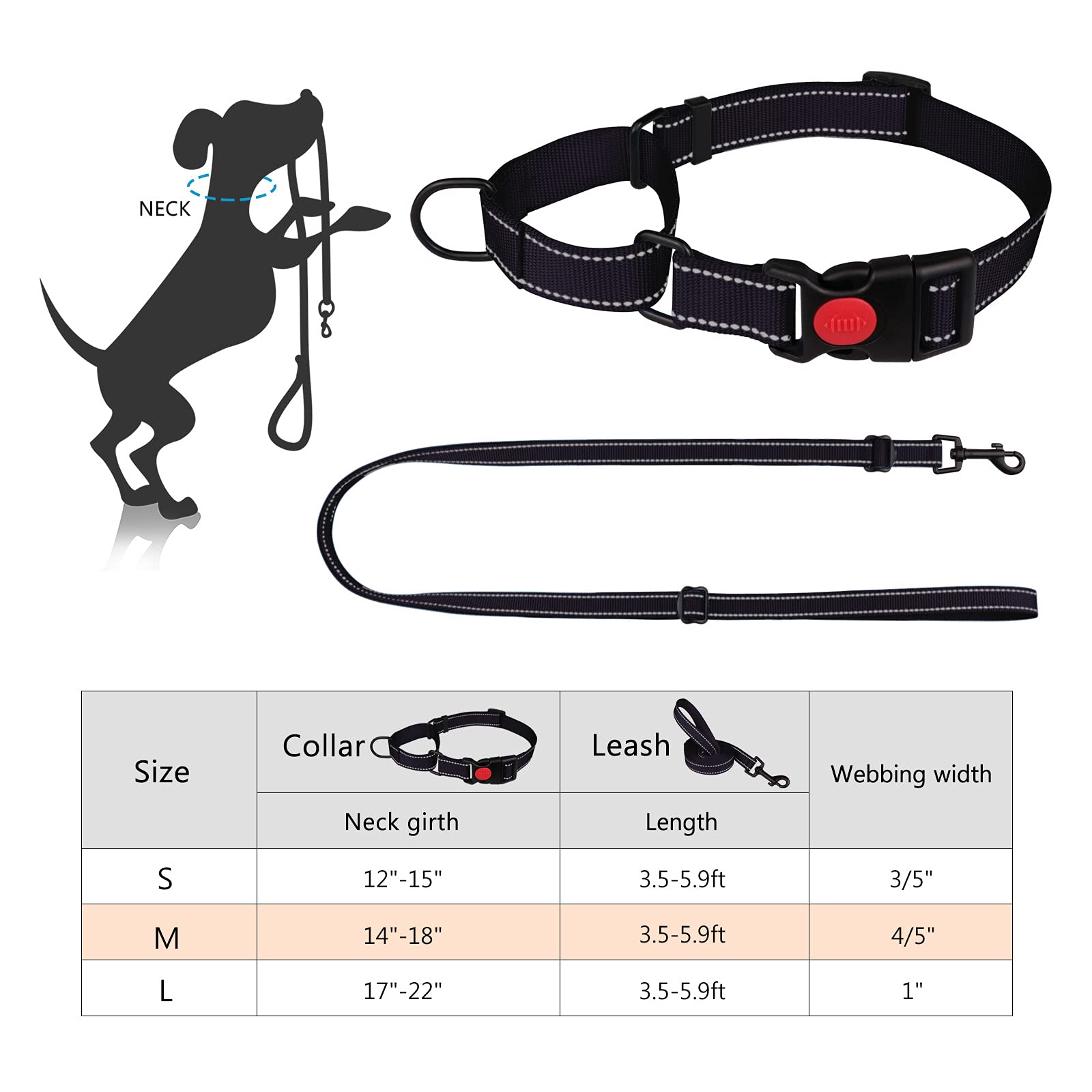 Martingale Dog Collar And Leash Set Martingale Collars For Dogs Reflective Martingale Collar For Small Medium Large Dogs(Black&L)