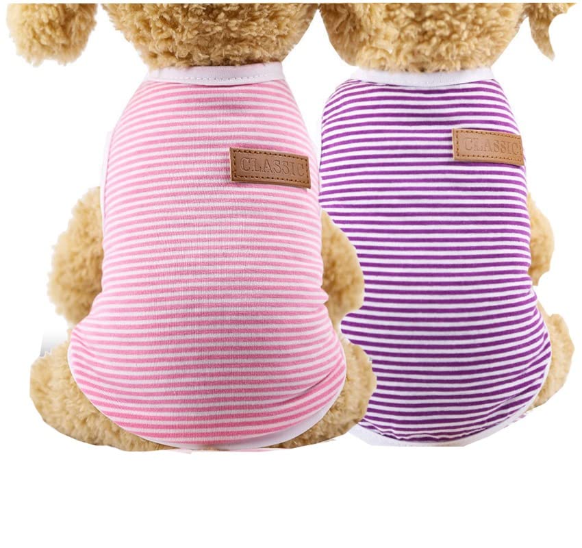 Kutkut Set Of 2 Dog Striped T-Shirt Puppy Clothes For Small Dogs, Stretchy Summer Cotton Cat Vest Doggy Tee Tank Top For Shihtzu
