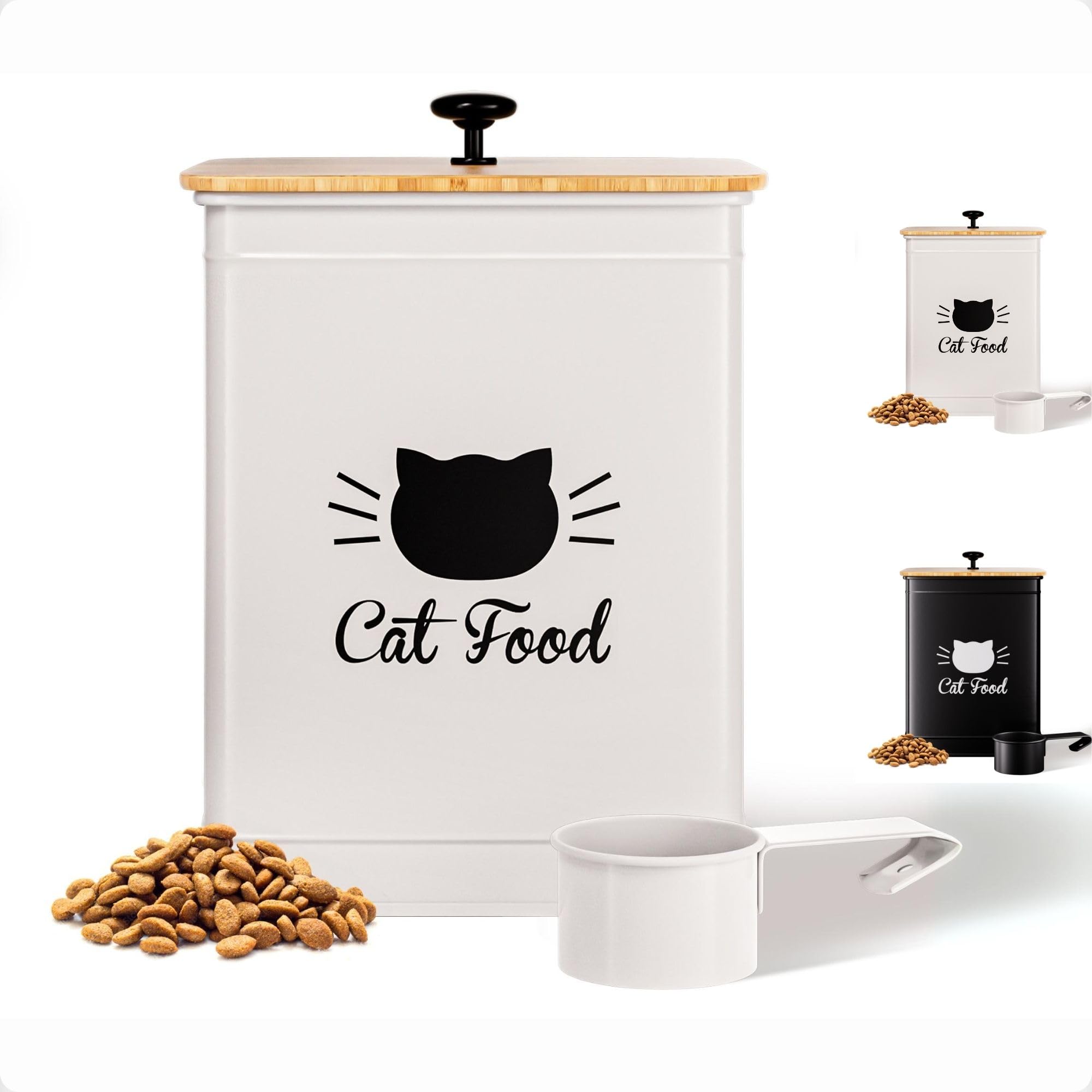 Cat Food Storage Container with Scoop - 5-7 lb (25 Cup) Capacity Metal Cat Food Container with Airtight Bamboo Lid and Metal Sco