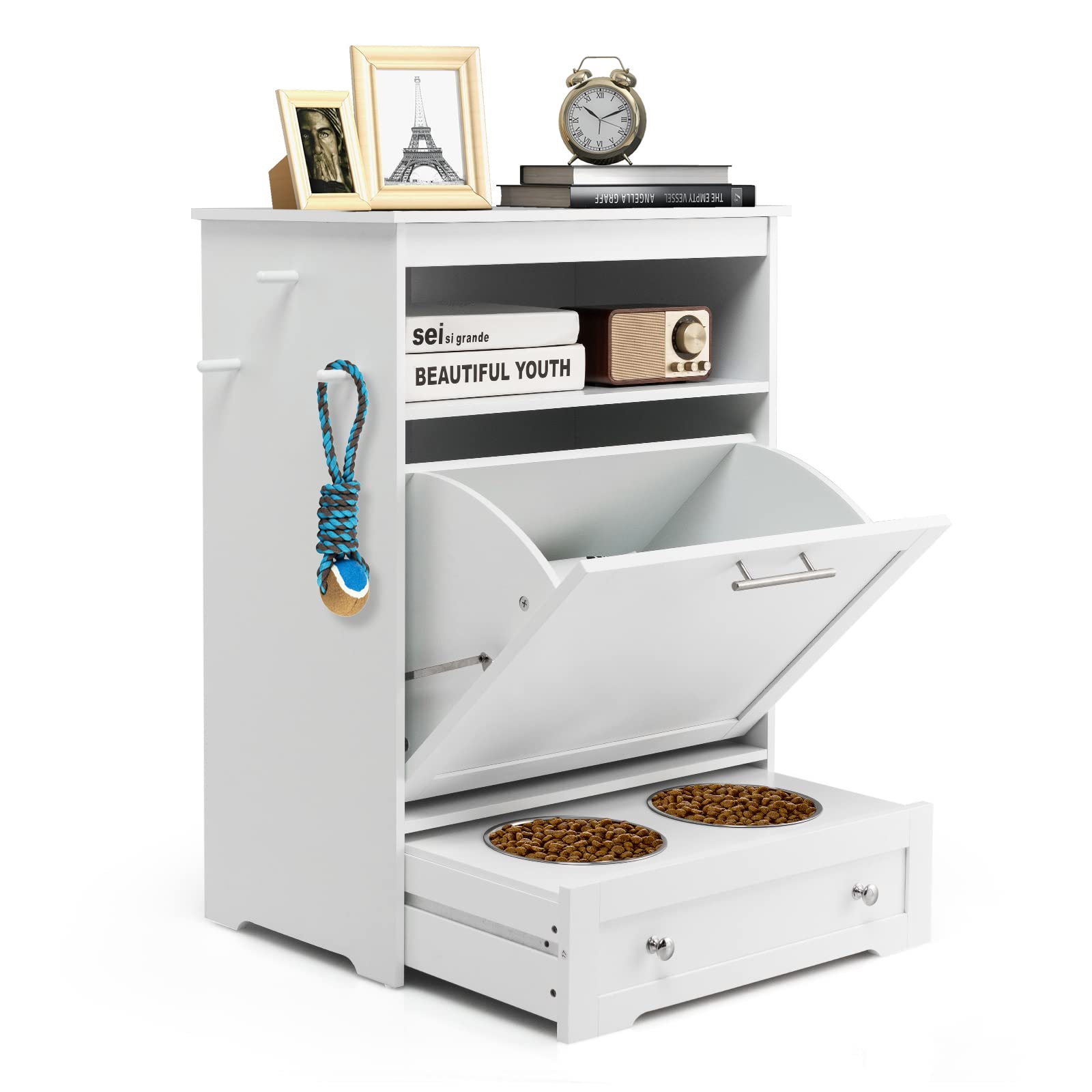 HAPPAWS Dog Feeding Station Dog Food Storage Cabinet with 2 Raised Dog Bowls, Dog Food Storage Container, Pull Out Elevated Dog 