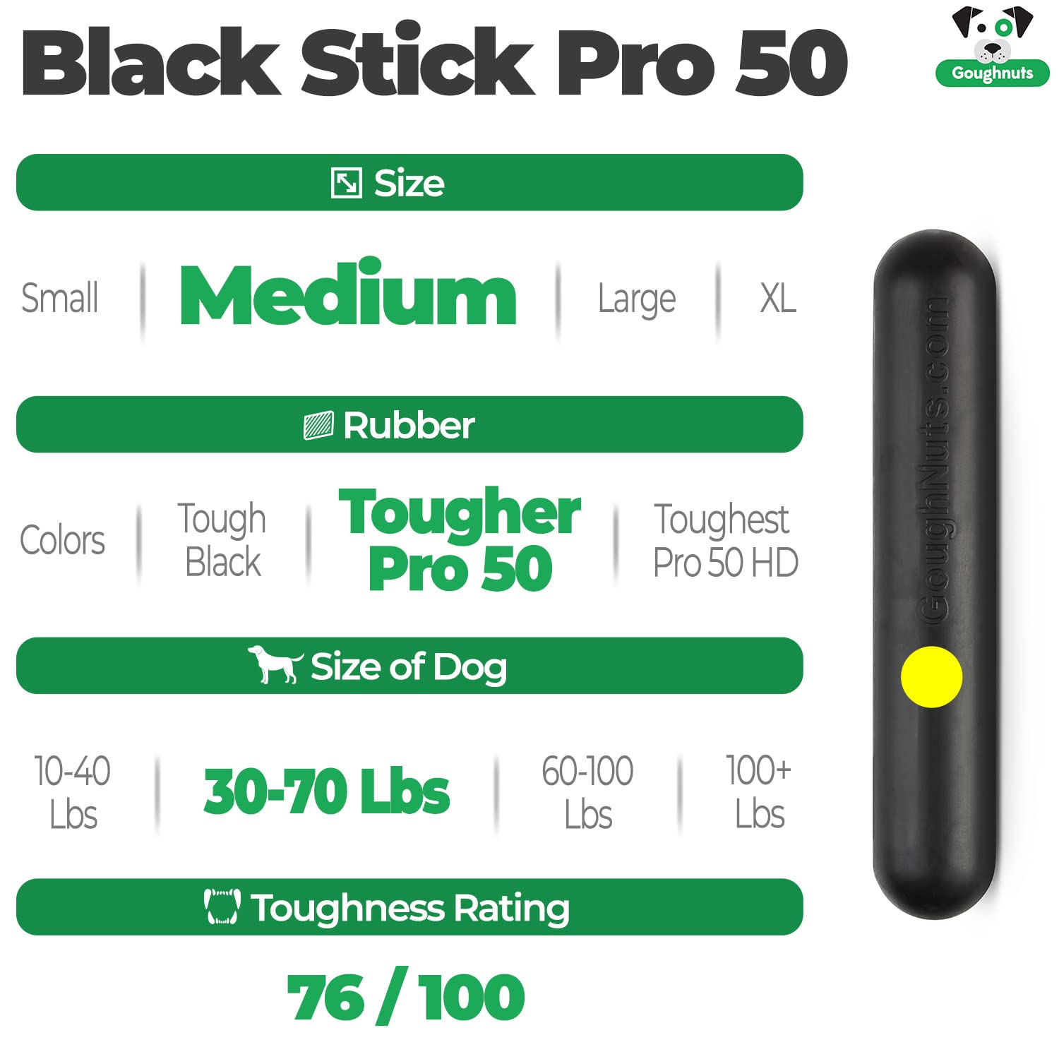 Goughnuts Medium Dog Stick Chew Toy For Aggressive Power Chewers 30-70 Pounds Made Of Natural Rubber For Enhanced Durability And Safety, Original Medium Size, Toughest Pro 50 Rubber In Black