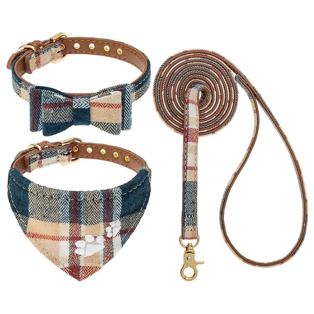 Expawlorer Dog Collar And Leash Set - Embroidery Pawprints Plaid With Bow Tie And Bandana, Adorable For Dogs Cats Outdoor Walkin