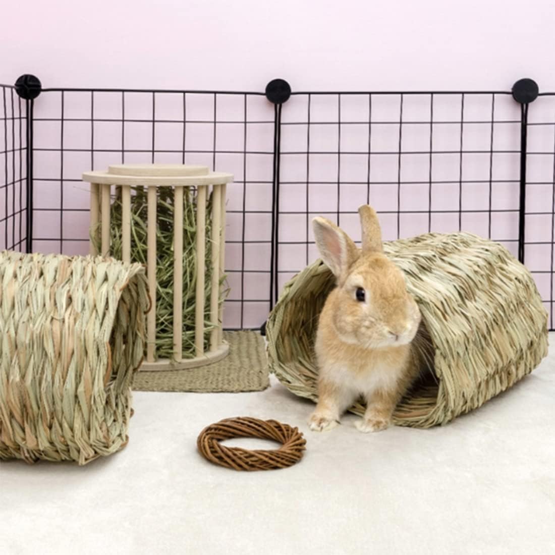 Hamiledyi Rabbit Grass Tunnel,Rabbit Grass Bed Natural Straw Woven Mat Winter Warm Hideaway Hut For Bunny Gerbil Ferrets Chinchi