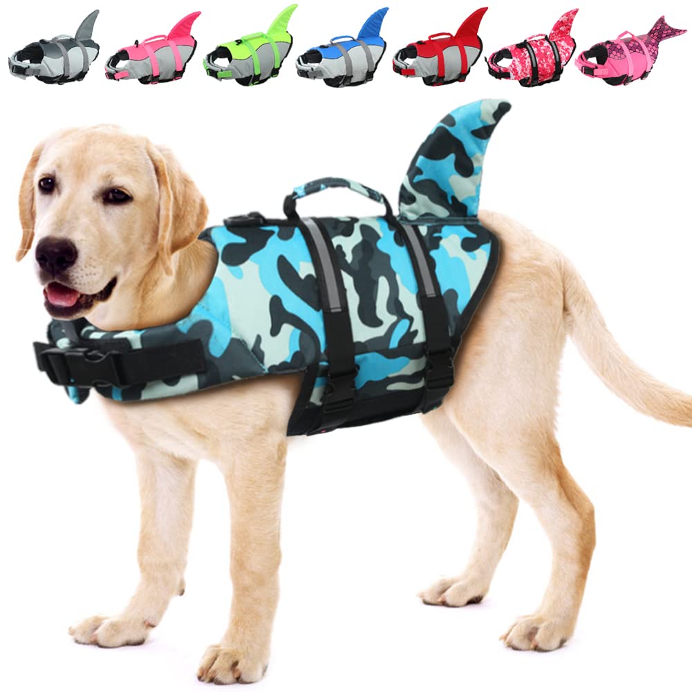 Emust Shark Life Jackets For Dogs, Adjustable Ripstop Dog Life Vest For Water Safety Pet Life Vest With Rescue Handle Safety Vest For Swimming Pool Beach Boating, (L,Blue Camouflage)