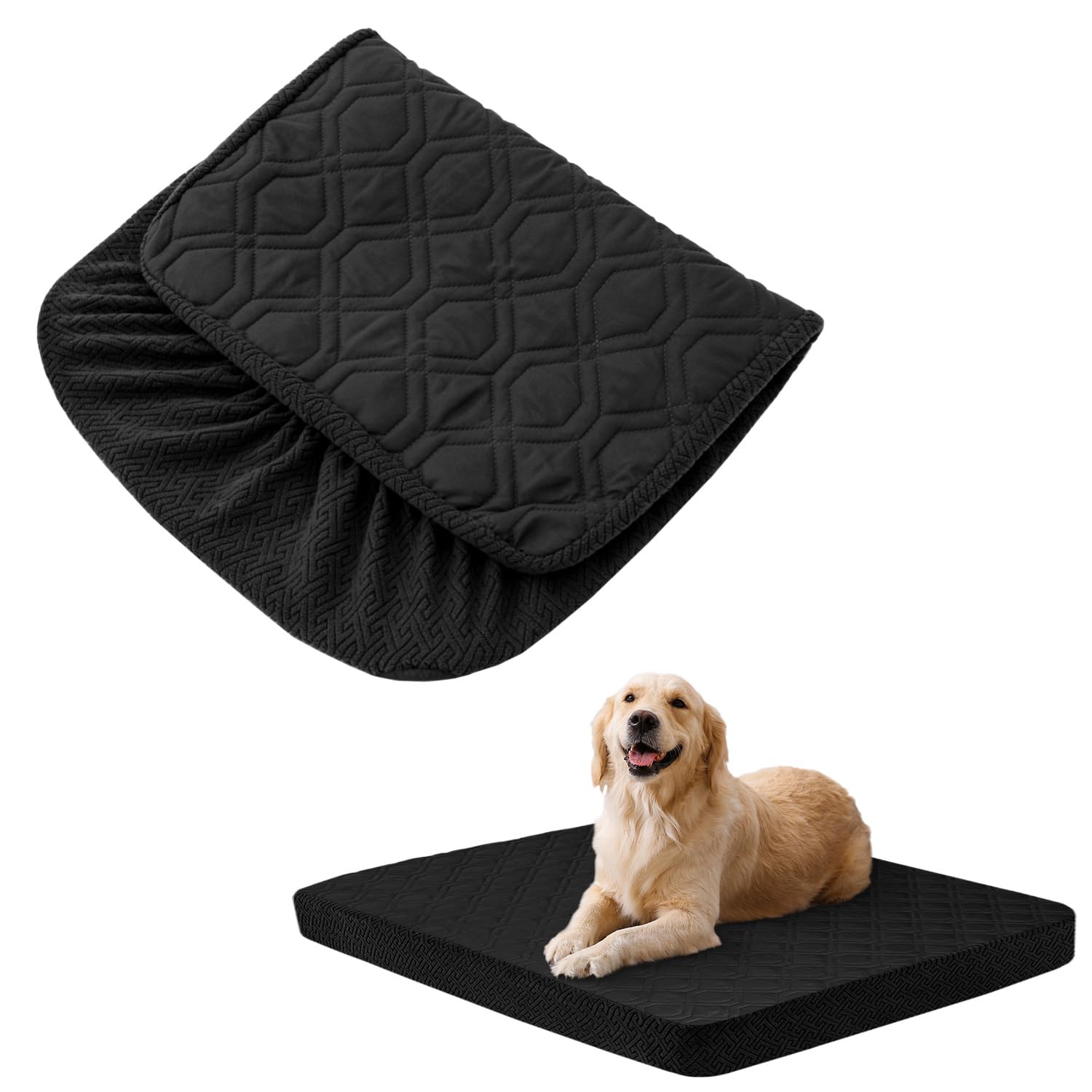 Washable Waterproof Dog Bed Cover - Quilted, Absorbable, 50X40Wx6H Inches Black